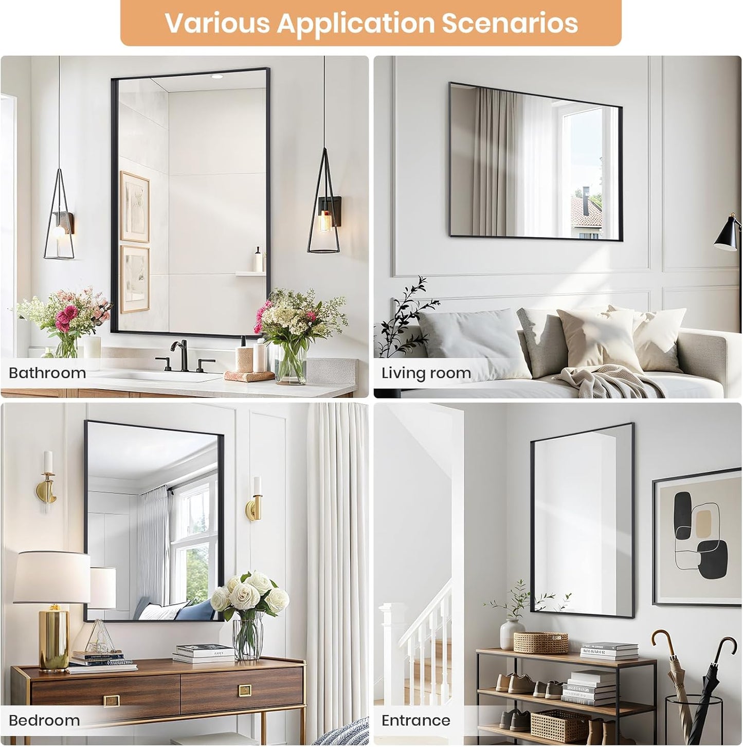 Melodieux Wall Vanity Bathroom Mirror for Over Sink, 24"x36" Rounded Rectangle Metal Deep Frame Wall Mounted Mirror Wall Decor for Living Room Hallway, Black