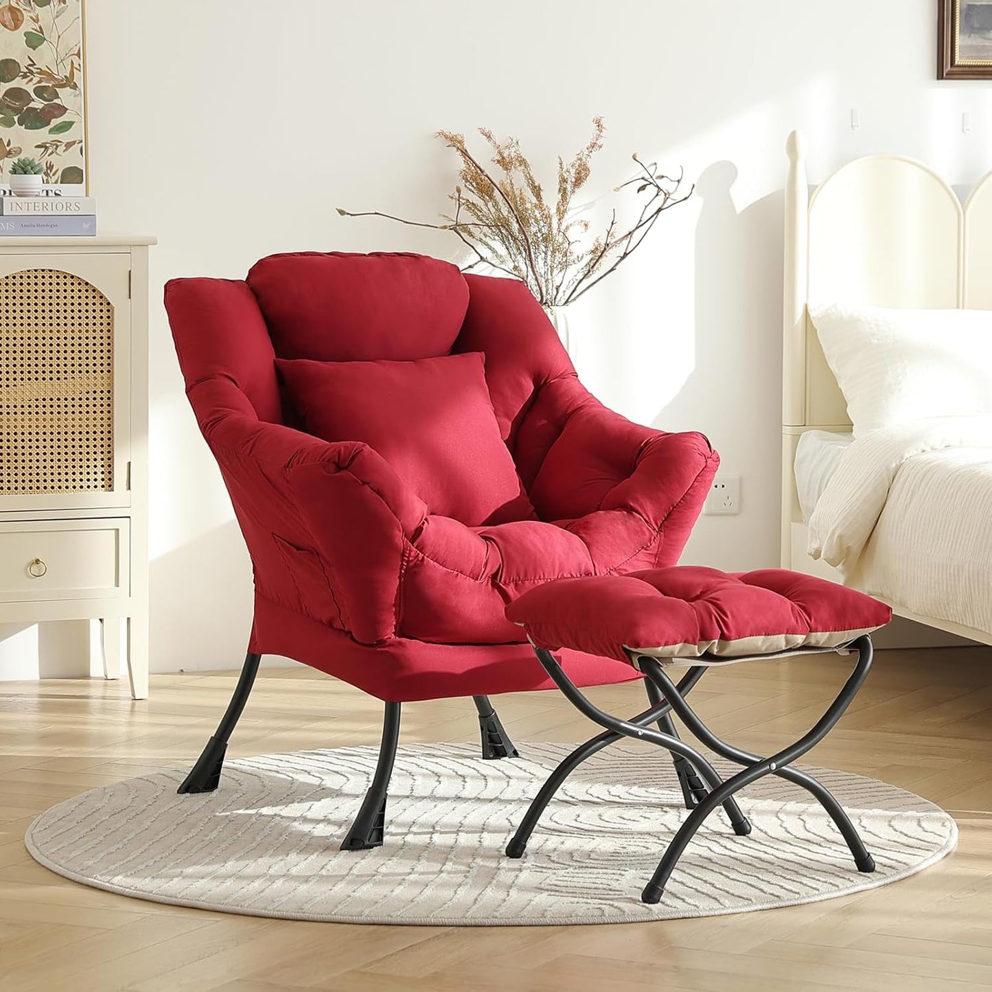 Lazy Chair with Ottoman, Modern Lounge Armchair with a Pillow, Leisure Sofa Armchair Set, Reading Chair with Footrest for Living Room, Bedroom, Office, Dorm Room, Peach Burgundy