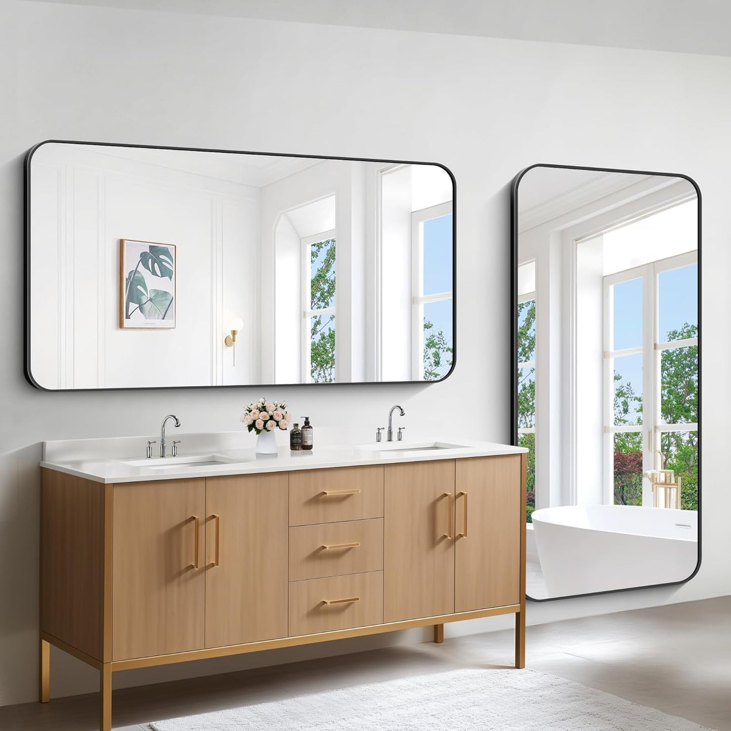 Bathroom Mirror, 30x60 inch Black Rectangle Wall Mirror, Metal Frame Rounded Corner Vanity Mirror, Large Wall Mounted Mirrors for Over Sink Bedroom Living Room Horizontal Or Vertical Mounting