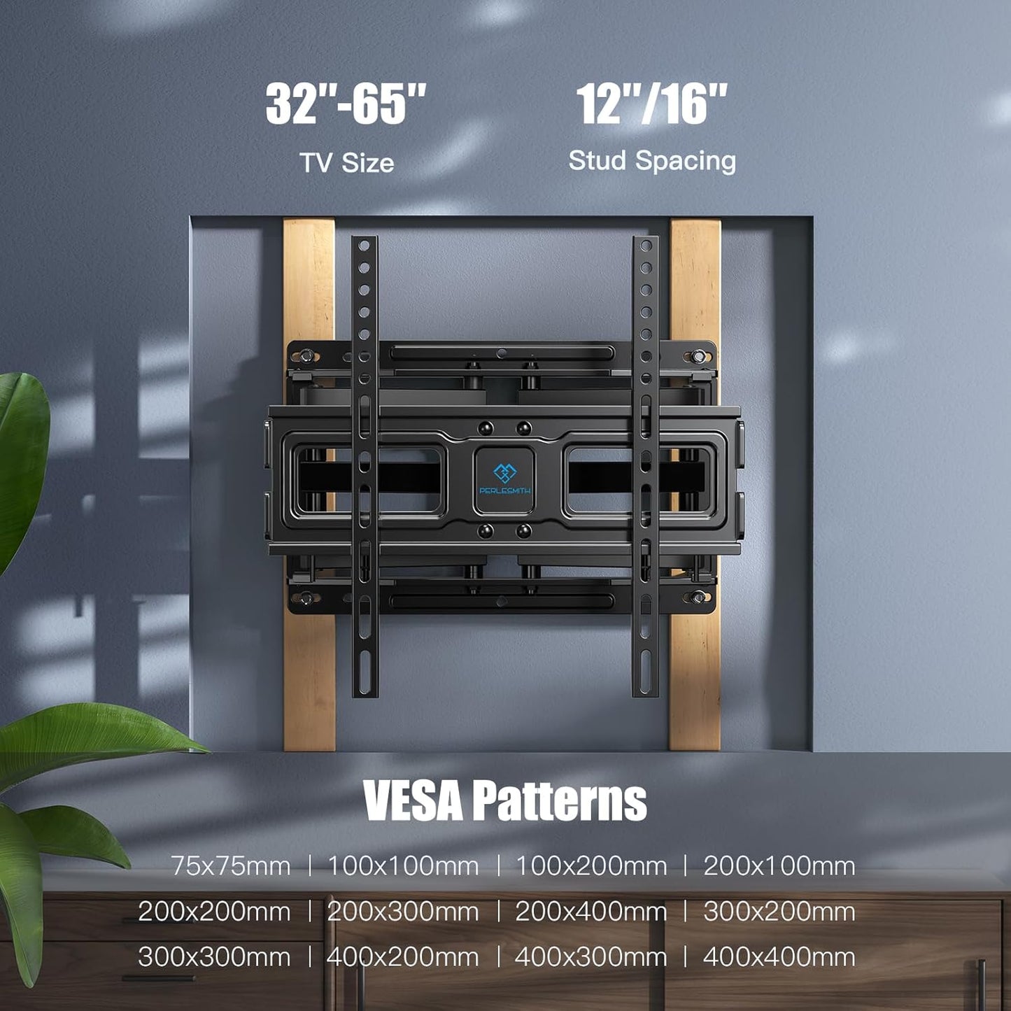 PERLESMITH TV Wall Mount Full Motion for 32-65 Inch Flat Curved Screen TVs, TV Mount with Swivels Tilts Extension Dual Articulating Bracket Arms Supports up to 99 lbs Max VESA 400x400, PSMFK9