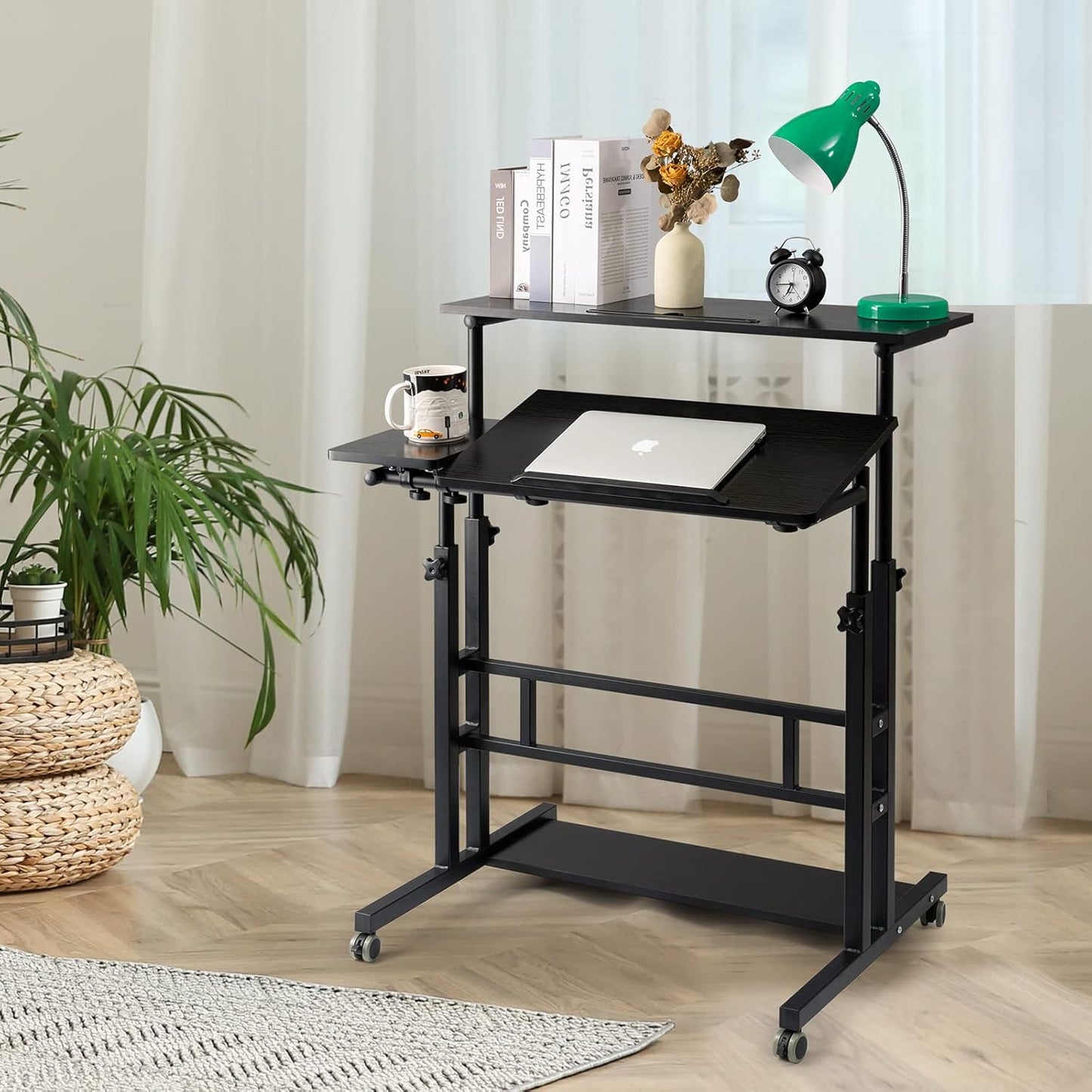 Hadulcet Mobile Standing Desk, Rolling Table Adjustable Computer Desk, Stand Up Laptop Desk Mobile Workstation for Home Office Classroom with Wheels, Black