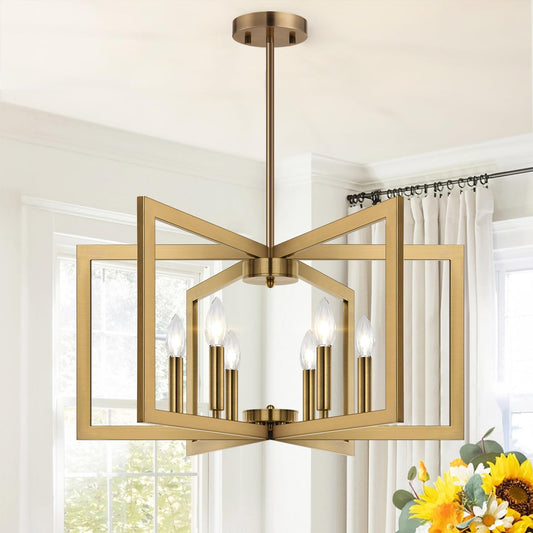25" Modern Brass Chandelier for Dining Room (6-Light, 25-Inch), Geometric Brass Dining Room Light Fixture Over Table, Industrial Metal Hanging Pendant Lights for Kitchen Island, Entryway, Foyer