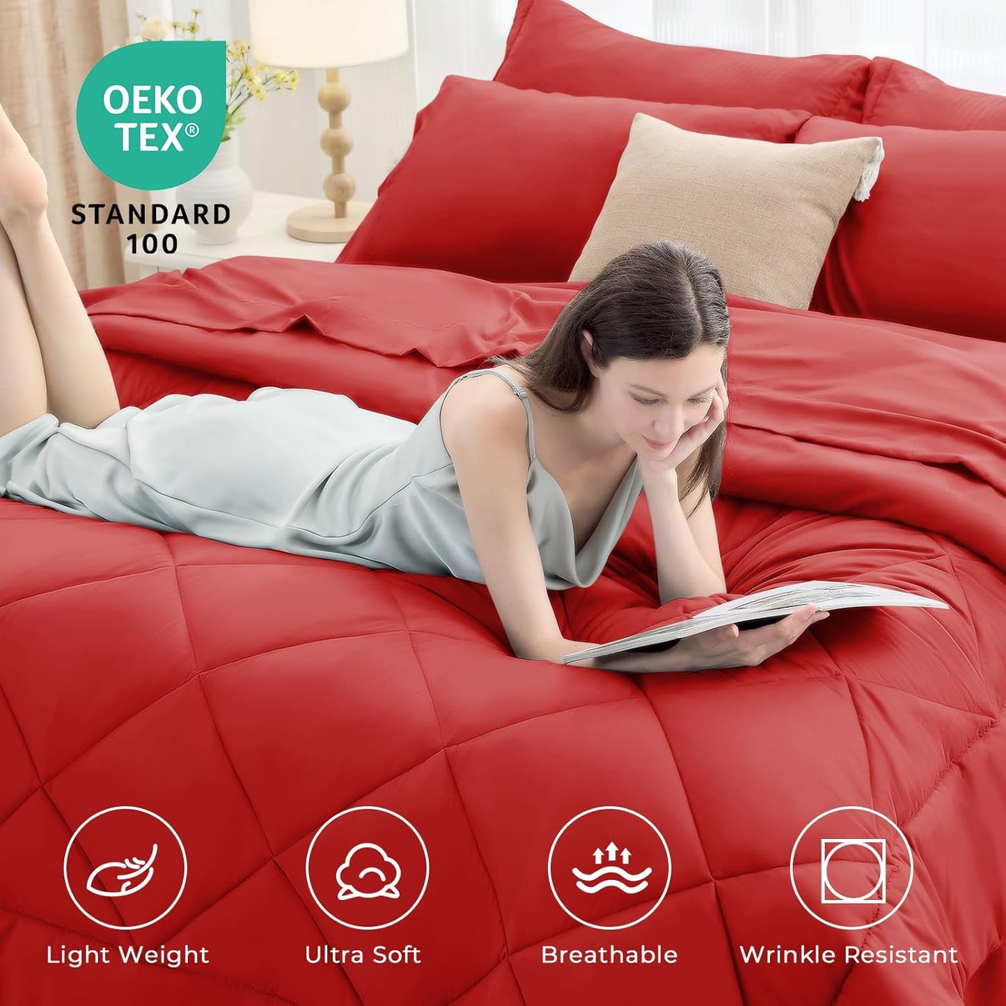 HEVUMYI Red Full Comforter Set - 7-Piece All Season Bed in a Bag Full, Ultra Soft Bedding Set with Comforter, Flat Sheet, Fitted Sheet, Pillowcases, Pillow Shams