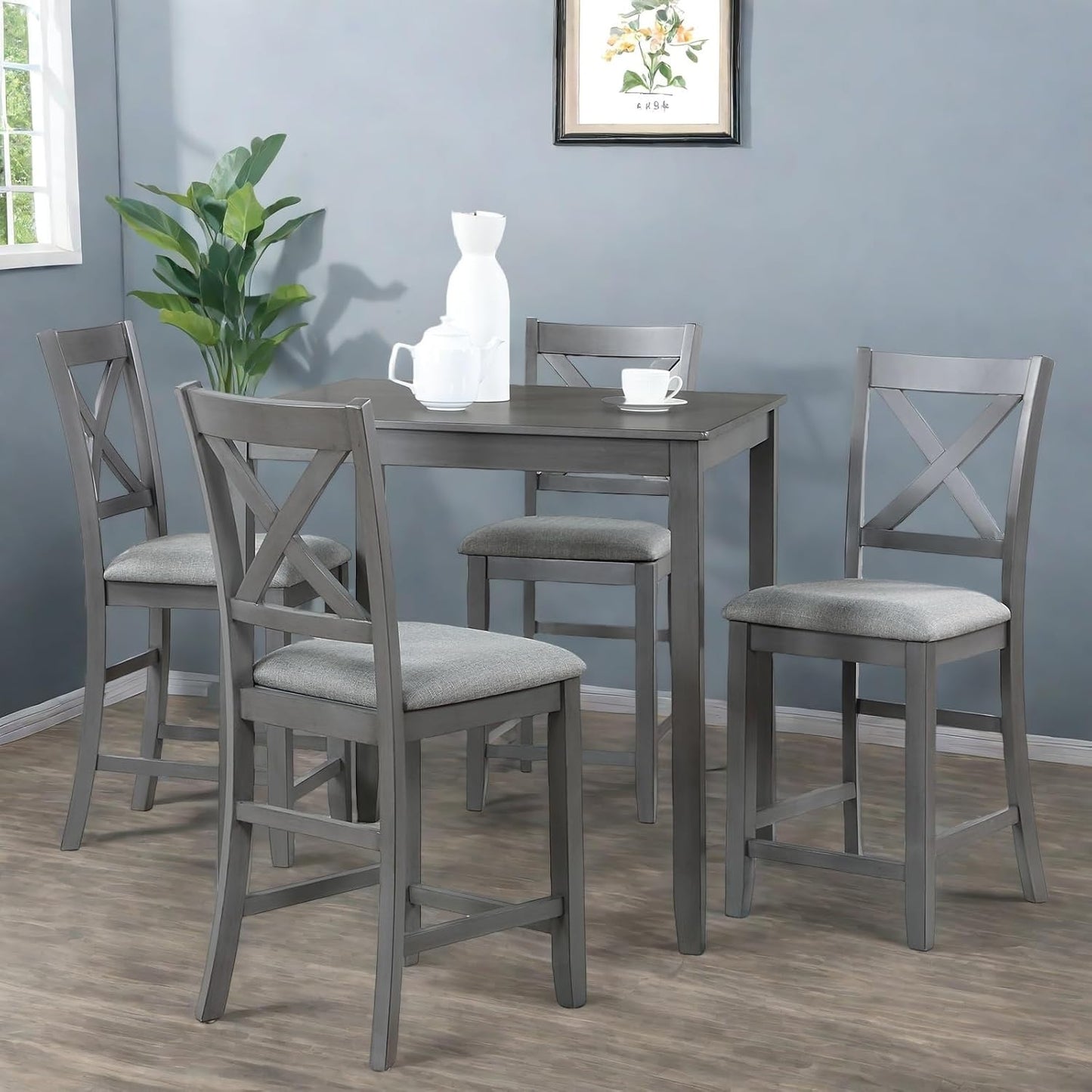 Dining Table Set for 4, Modern 5 Piece Dining Room Table Set with Square Table & 4 X-Shaped Backrest Upholstered Chairs, Counter Height Kitchen Chairs Set for Small Space, Gray