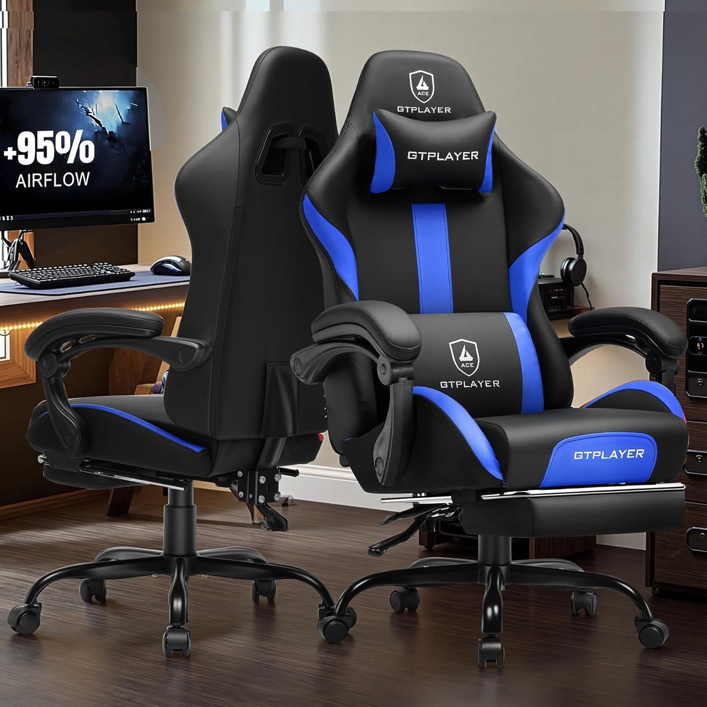 GTRACING Gaming Chair with Foot Rest & Pocket Spring Cushion, Ergonomic High Back Computer Chair with Headrest & 360°-Swivel Seat for Home Office Desk, PU Leather, Blue