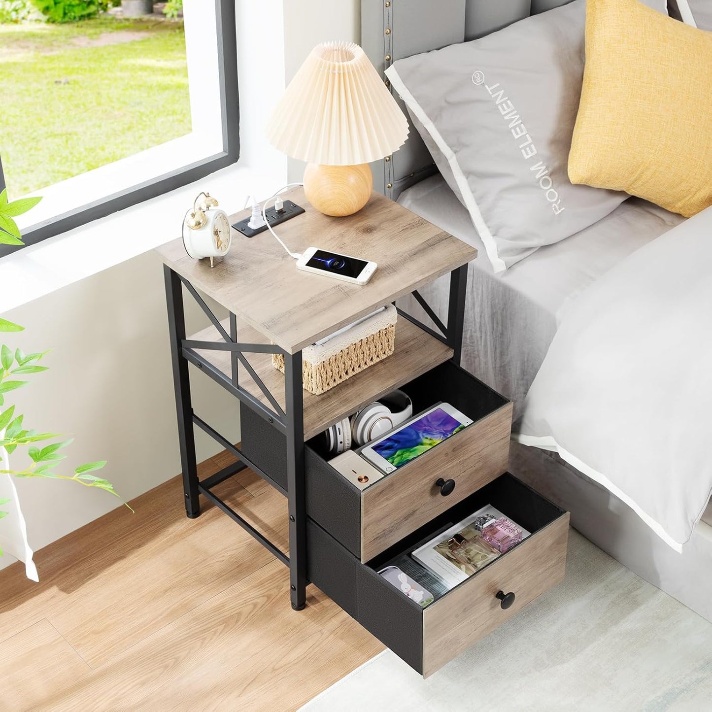 AMHANCIBLE Night Stand, Nightstand with Charging Station, End Tables Living Room with Fabric Drawer, Bedside Table with USB Ports and Outlets for Small Spaces Bedroom, Greige HET05XGY1