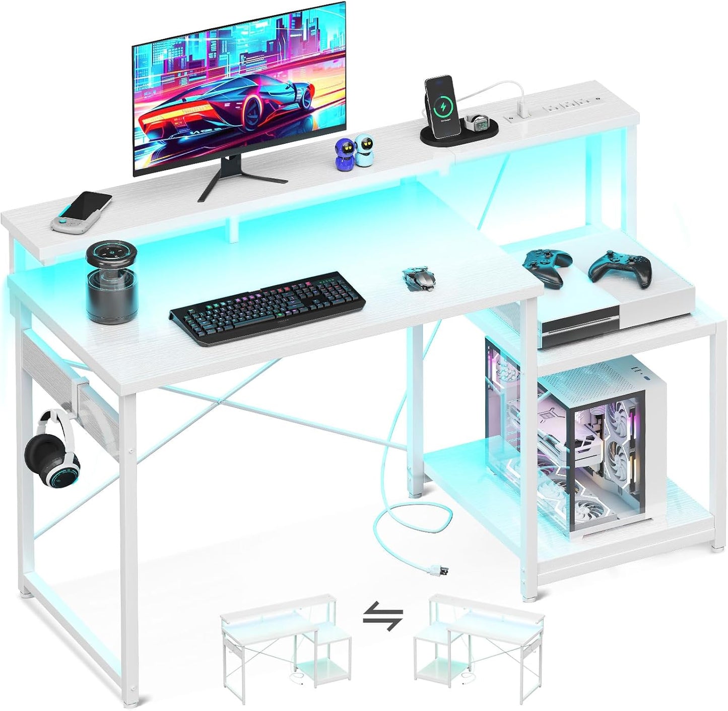 AODK Computer Desk, 48 Inch Gaming Desk with Led Lights & Power Outlet, Office Desk with Storage Shelves, Reversible Desk with Monitor Shelf & Headphone Hook, White