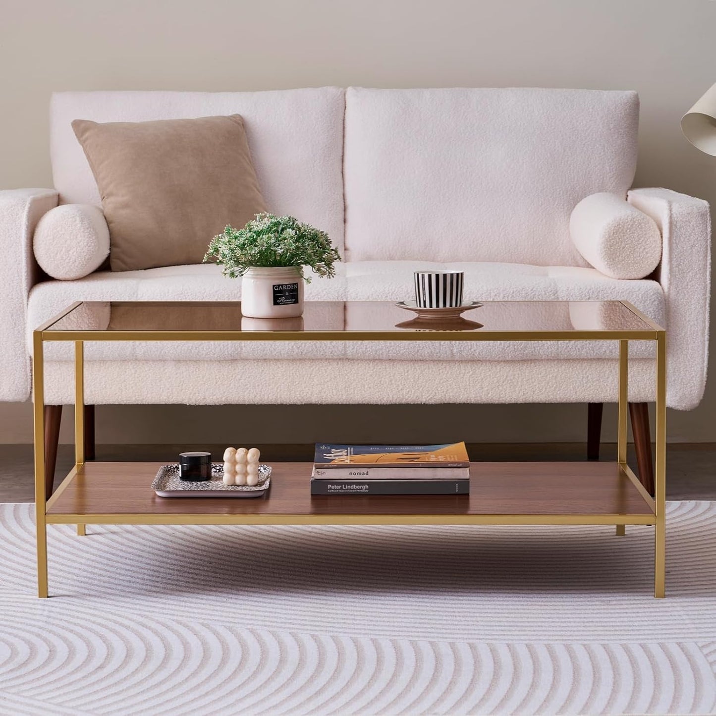 Glass Coffee Table for Living Room and Bedroom, 2-Tier Mid-Century Modern Table with Amber Tempered Glass Top and Walnut Finish Wood Shelf, Metal Legs with Gold Finish