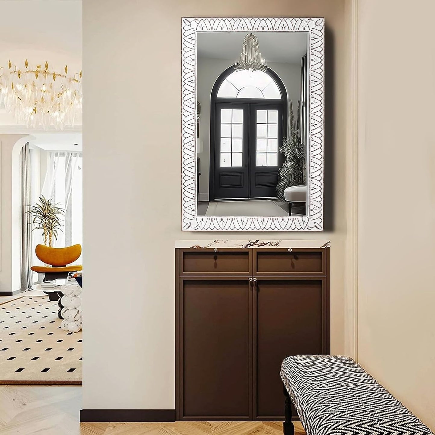 36x24 Inch Farmhouse Rectangle Wall Mirrors with Wooden Frame, Rustic Decorative Rectangular Mirror for Living Room, Bedroom, Bathroom, Entryway - Vertical/Horizontal Hanging