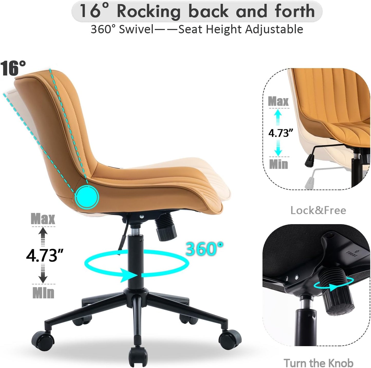 YOUNIKE Ergonomic Home Office Desk Chair with Wheels Comfy Armless Criss Cross Chair with Back Adjustable Height Modern Leather Upholstered Swivel Vanity Chair Small Cute Rolling Task Chair Tan