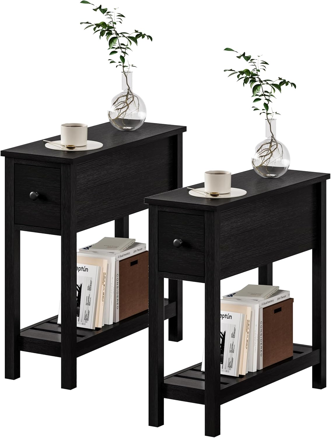 ChooChoo Narrow End Table, Small Side Table for Small Spaces, Slim End Table with Drawer, Narrow Nightstand Bedside Table for Living Room Bedroom, Black, 2 Pack