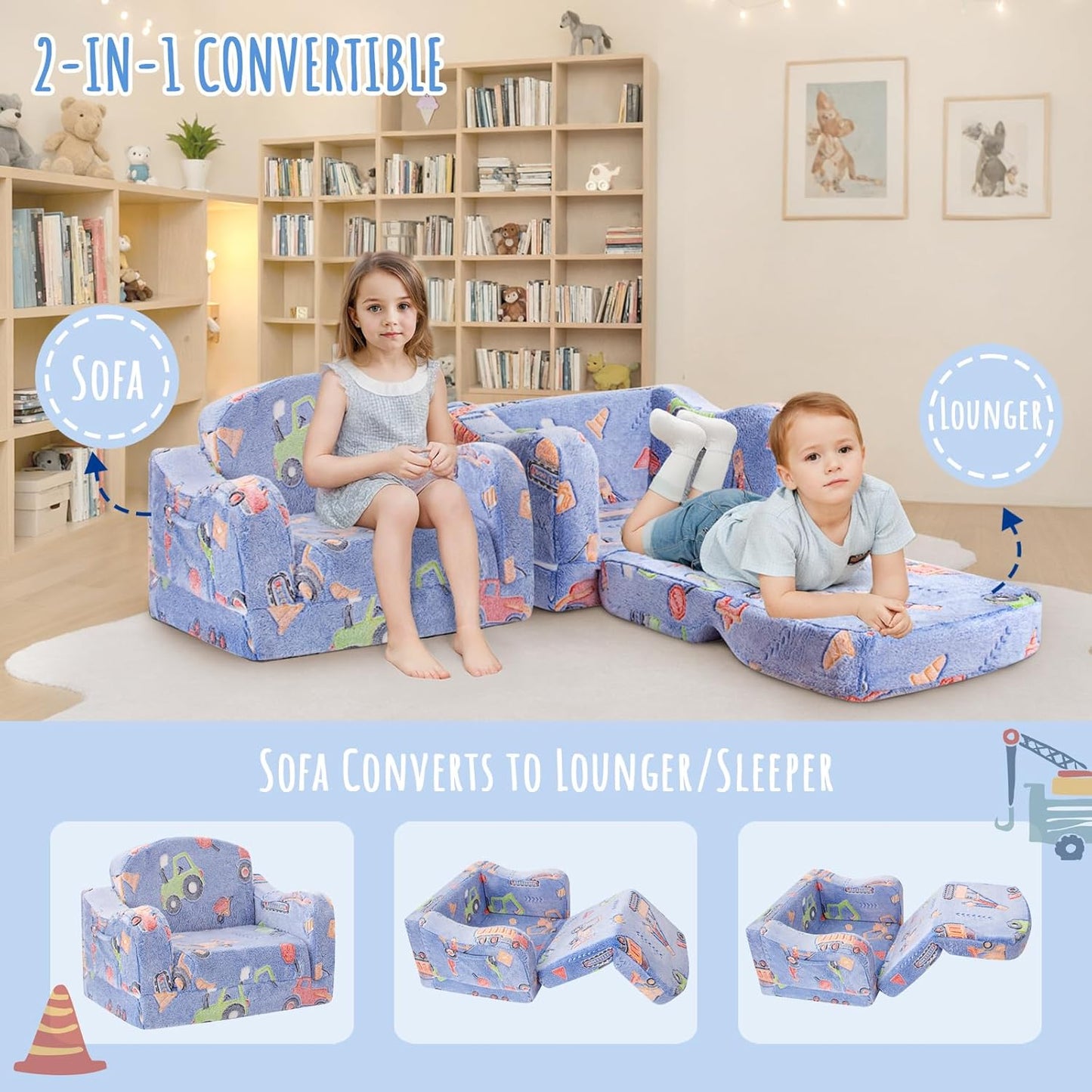 Thick Comfy Toddler Chair and Couch for Kids,2-in-1 Soft Plush Fold Out Sofa for Children,Convertible Couch to Lounger for Toddler