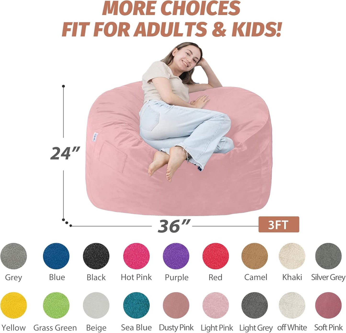 3FT Bean Bag Chair with Ultra Soft Velvet Cover Bean Bag Sofa with Memory Foam Bean Bag Chairs with Large Size Lazy Sofa for Dorm Office Living Room Bedroom Light Pink 3'