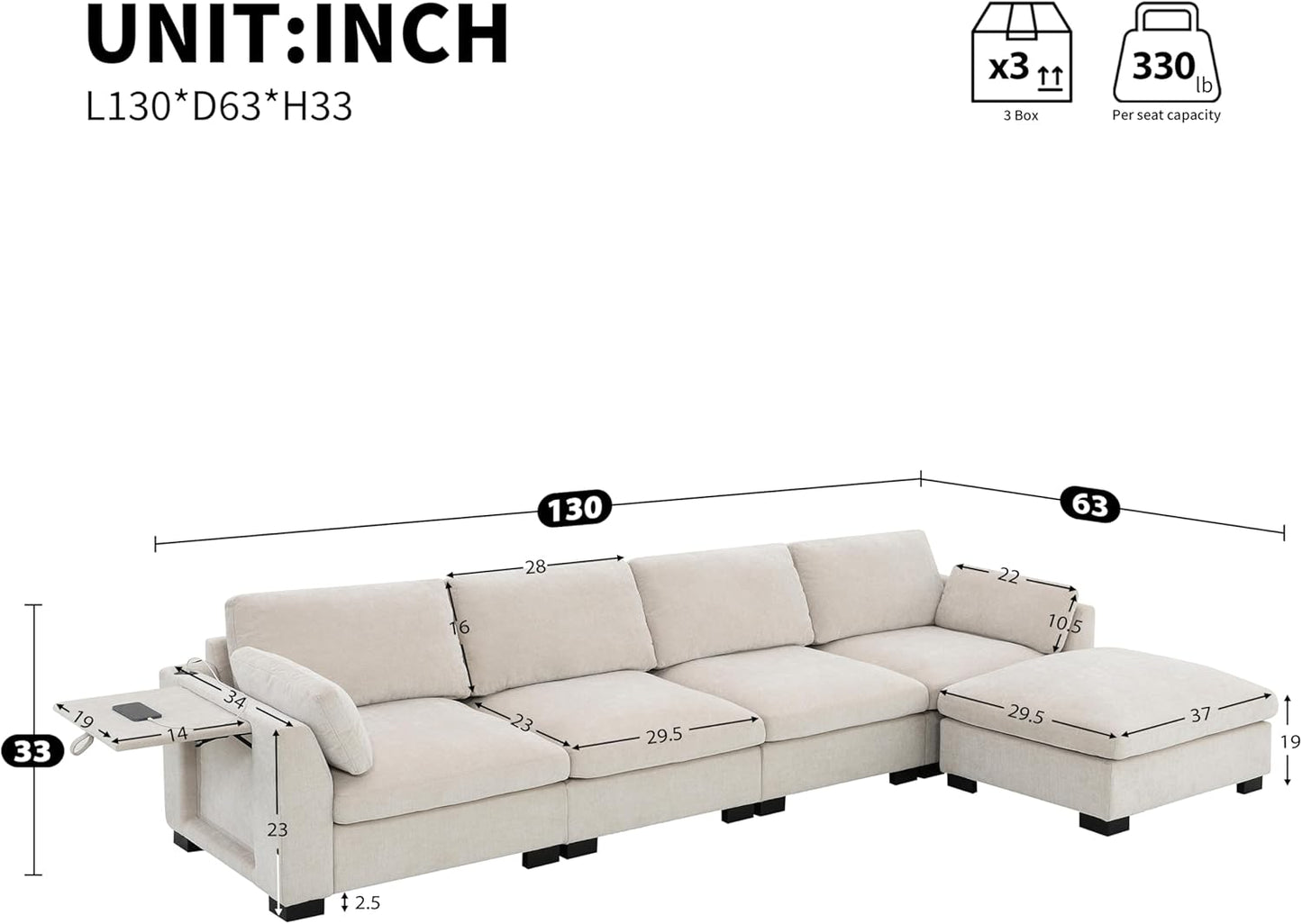 Ball & Cast Oversized Modular L Shaped Sectional Sofa W/Movable Ottoman and USB Ports,5 Seater Chenille Couch W/ 2 Armrest Pillows,Side Pocket & Folding Table,for Living Room,Apartment,Beige,130"