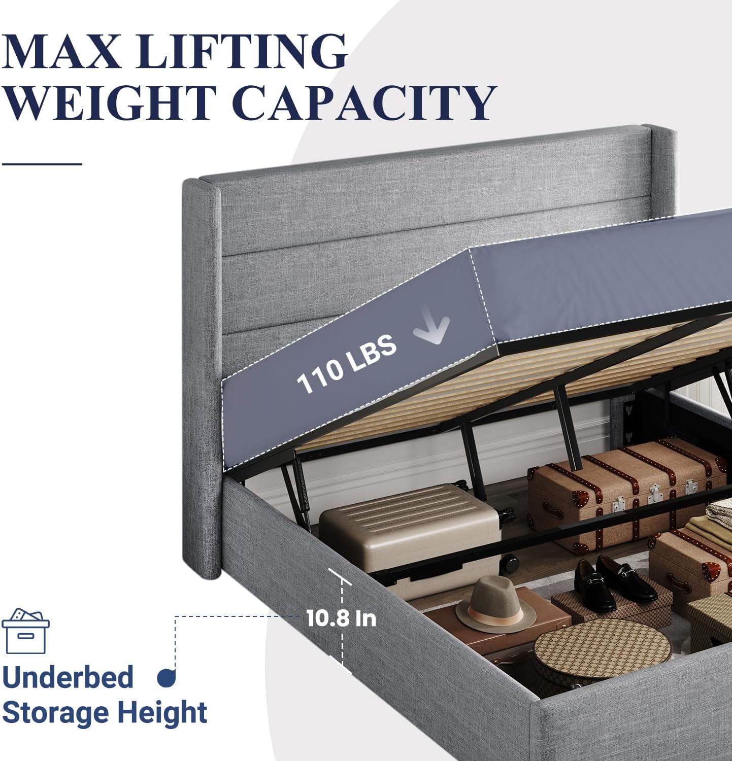 Allewie Queen Size Lift Up Storage Bed, Modern Wingback Headboard, Hydraulic Support, No Box Spring Needed, Light Grey