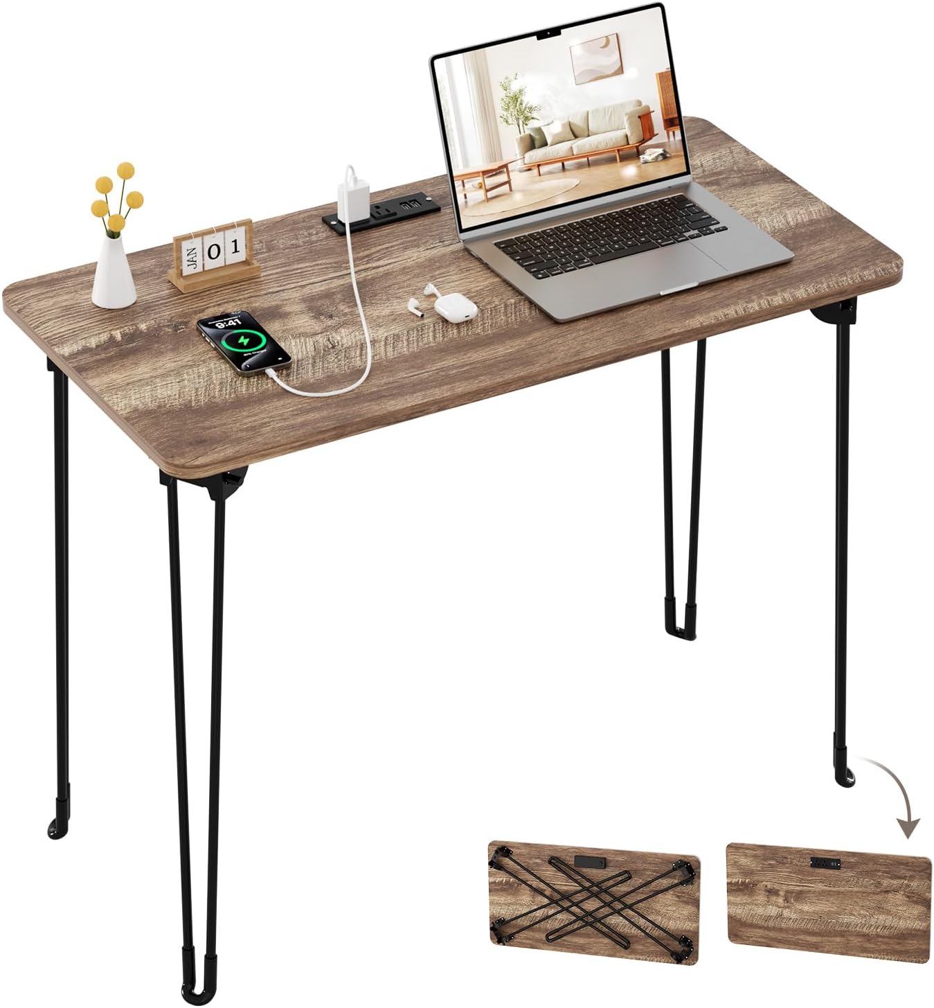 Folding Desk, 31.5" Hairpin Legs Small Desk with Power Strip for Bedroom, Space Saving Foldable Computer Desk for Home Office, No Assembly Need,Light Brown