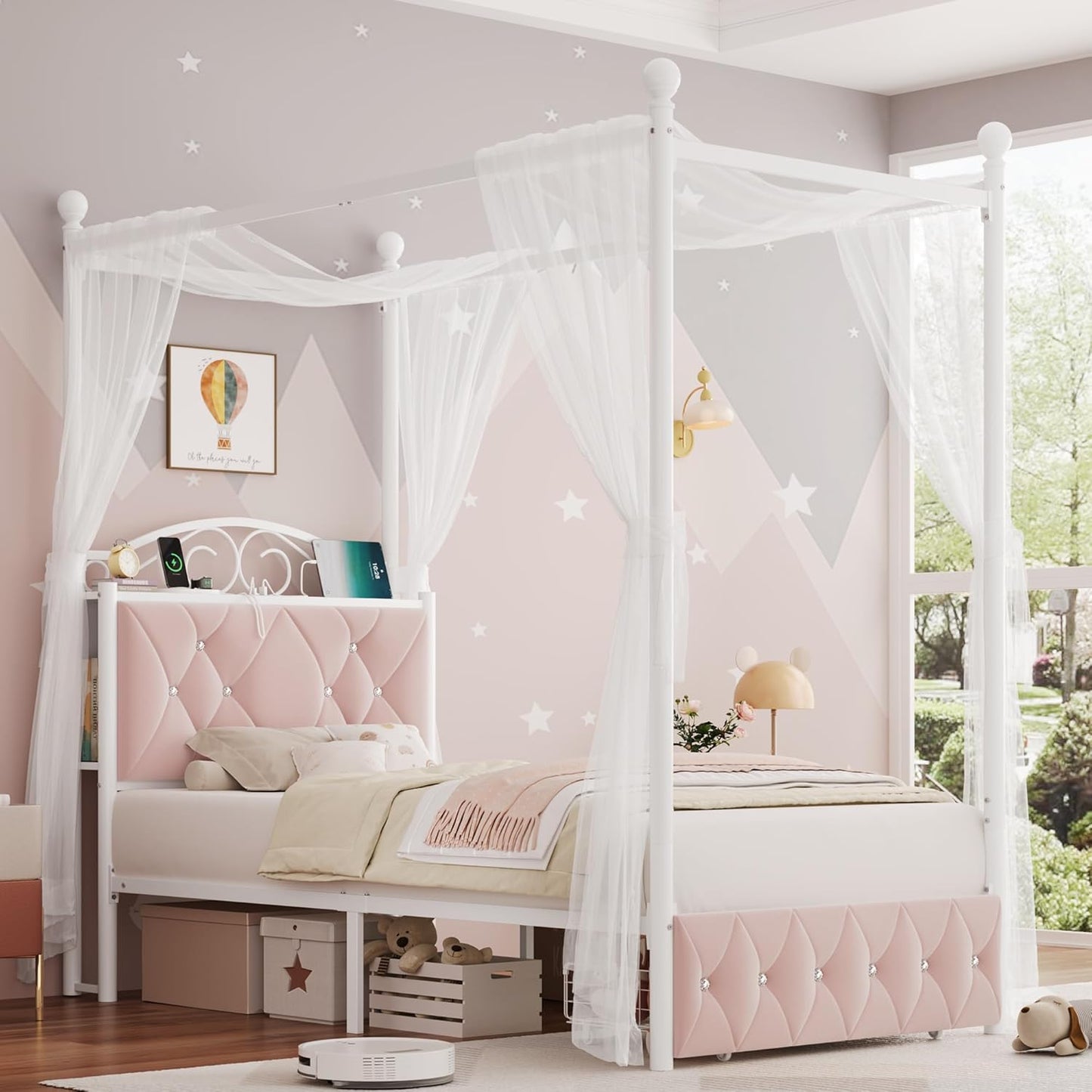 Twin Upholstered Canopy Bed Frame with Drawer & Crystal Tufted Storage Headboard Two-Purpose Metal Platform Bed with 4 Removable Posts & Charging Station Pink Princess Bed, Curtain Not Included