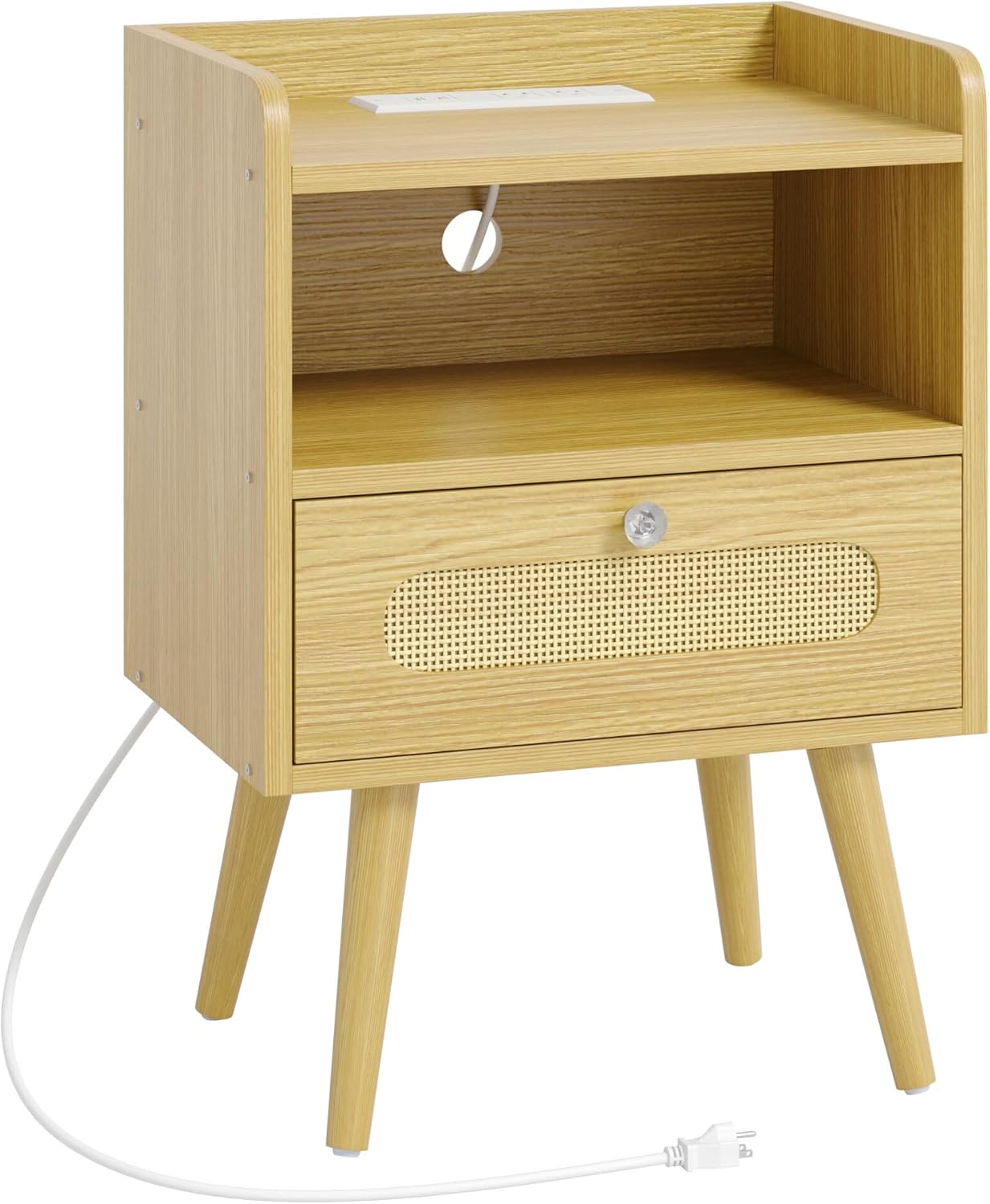 End Table with Charging Station, Nightstand with Diamond Handle and Rattan-Style Drawer, Bedside Table, Light Oak