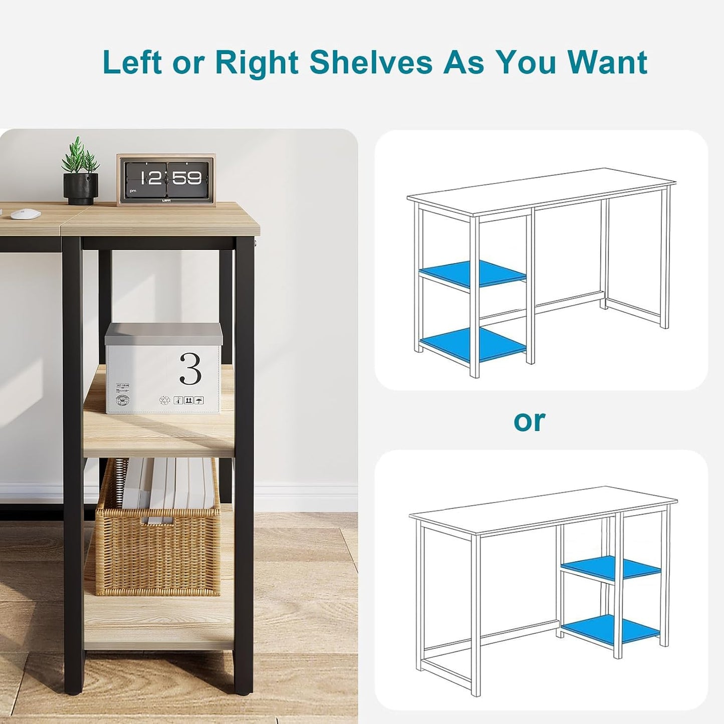 SINPAID 40'' Oak Computer Desk with Shelves, Sturdy Light Wood Desks with Storage Space, Modern Gaming Desk Study Writing Laptop Table, Beige