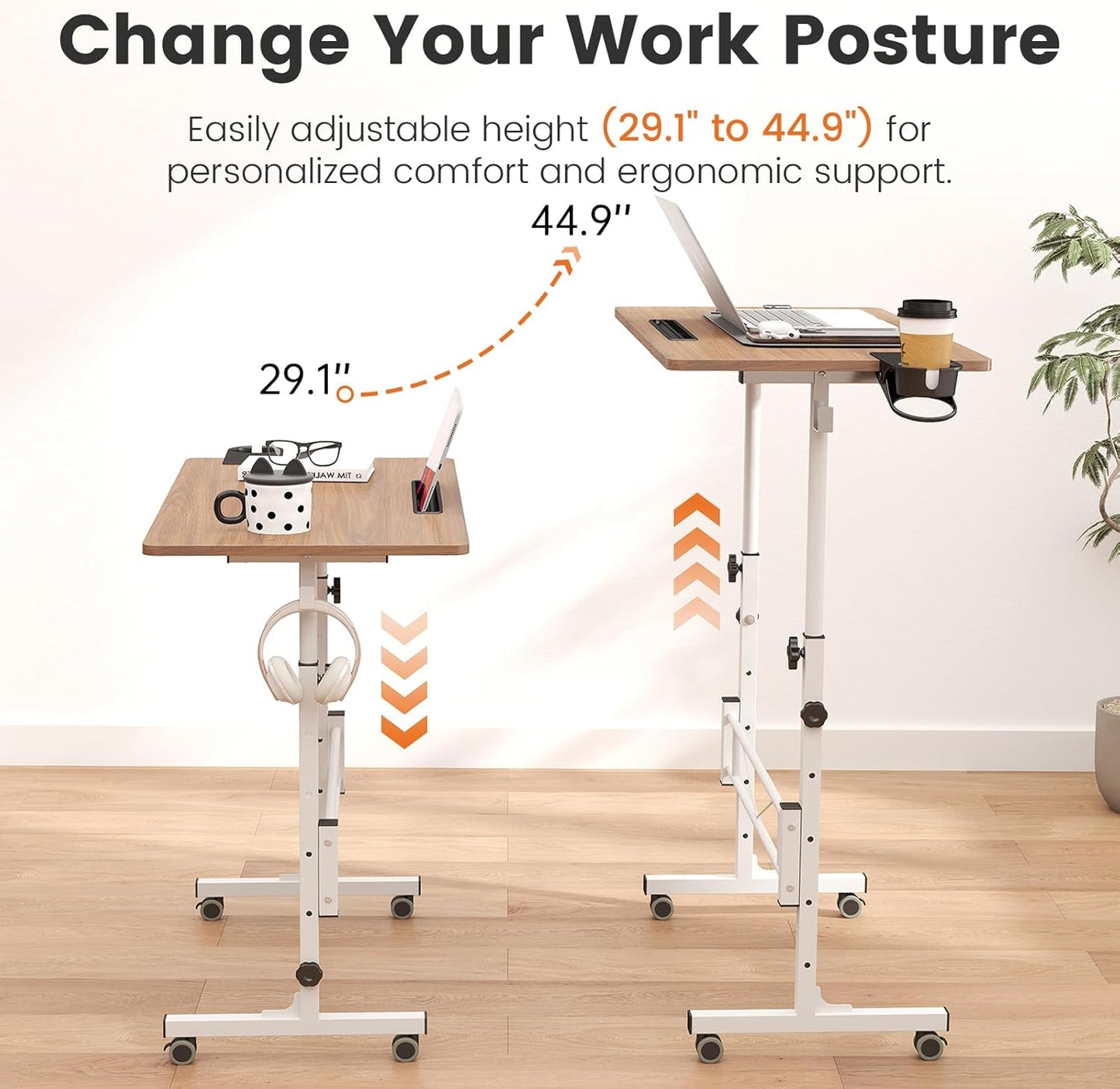 Hadulcet Portable Standing Desk, Rolling Desk Adjustable Height, Mobile Laptop Desk, Small Stand Up Table with Wheels, Walking Table for Treadmill Walking Pad, Tall Computer Stand, Oak