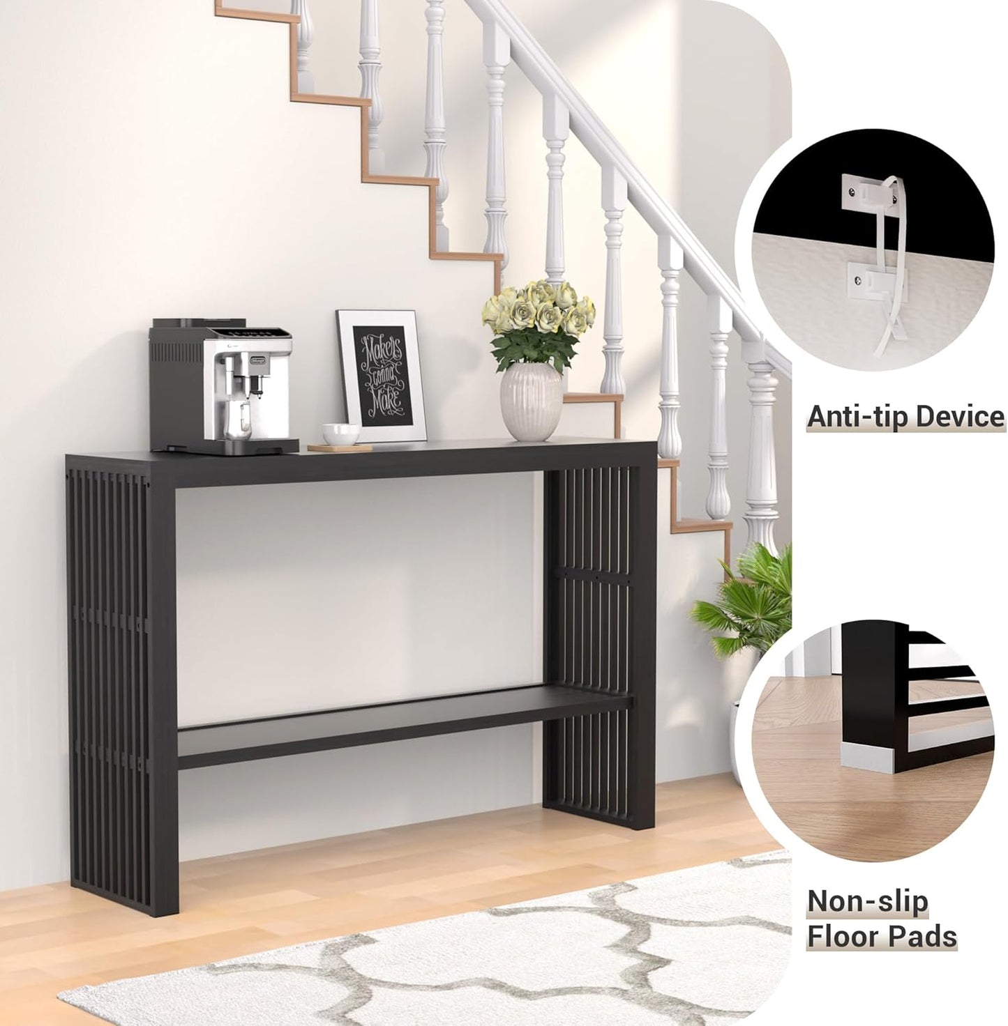 Bamboo Wood Console Table 47.2" Entryway Table, 2-Tier Farmhouse Narrow Sofa Table w/Storage Shelf, Couch Table Behind Sofa Easy Assembly for Entrance, Hallway, Living Room, Foyer(Black)