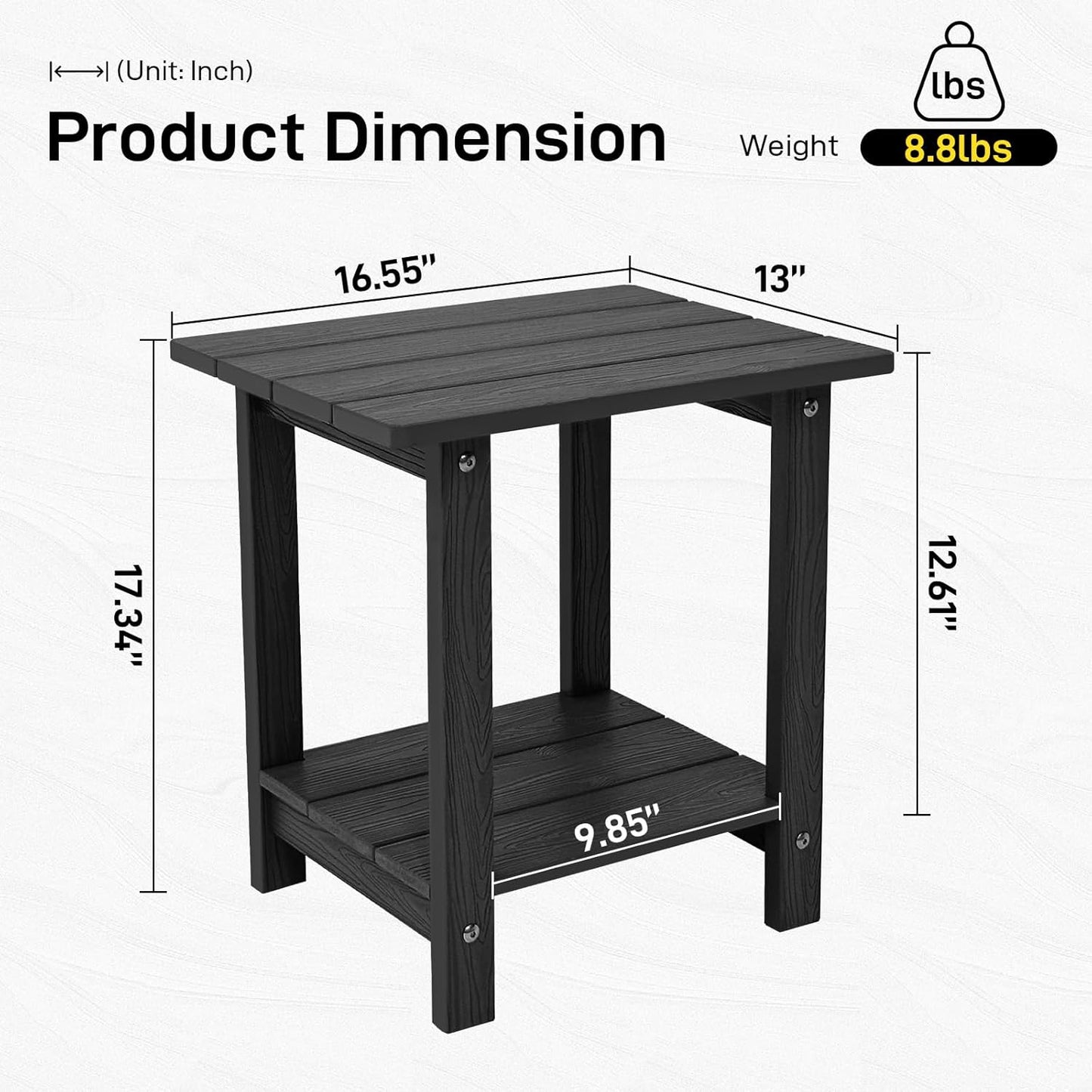Melucivi Weather Resistant Outdoor Side Table, Double Small Adirondack Side Table for Adirondack Chair - Indoor Outdoor End Table, Patio Table for Pool, Deck and Porch (Black)