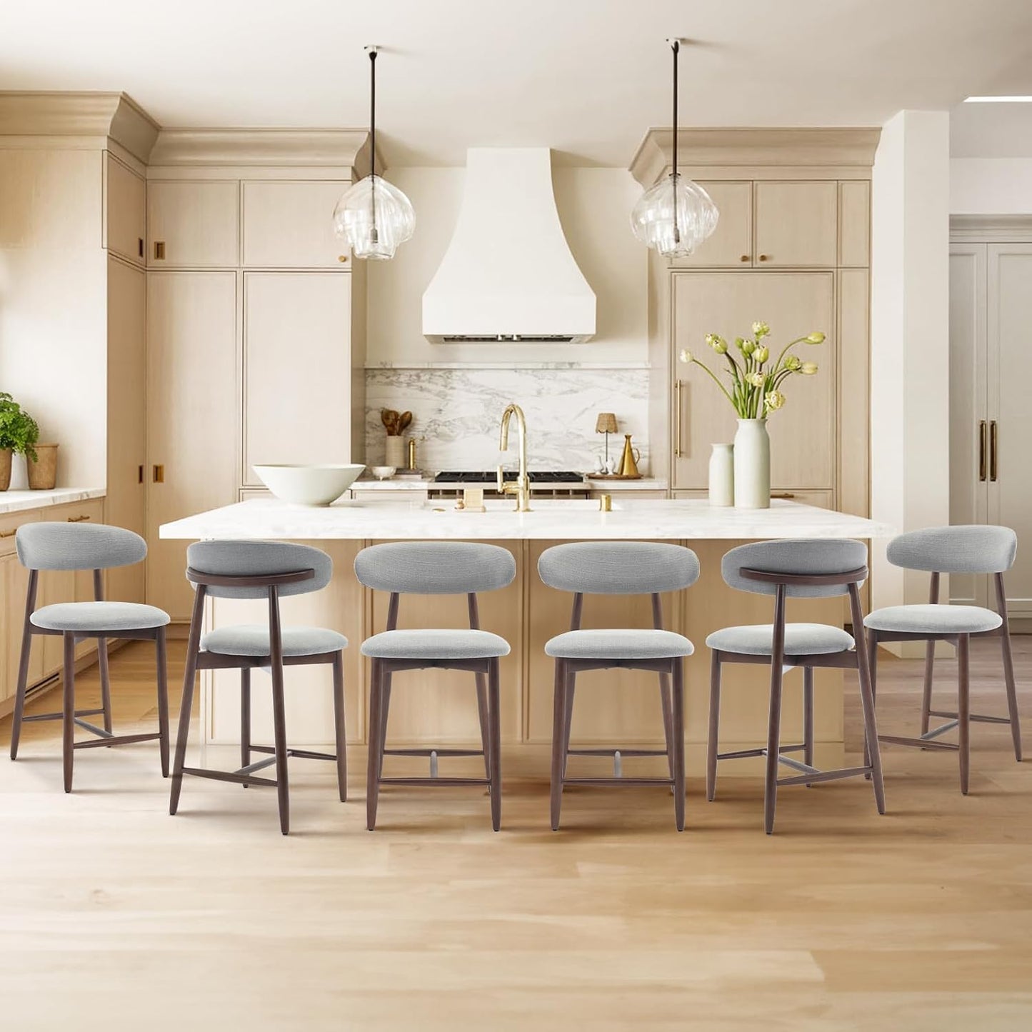 COLAMY Bar Stools Set of 6, Counter Height Bar Stools, Wood Bar Stools with Back, Upholstered Wooden Barstools for Island Dining Room Bar, Light Grey