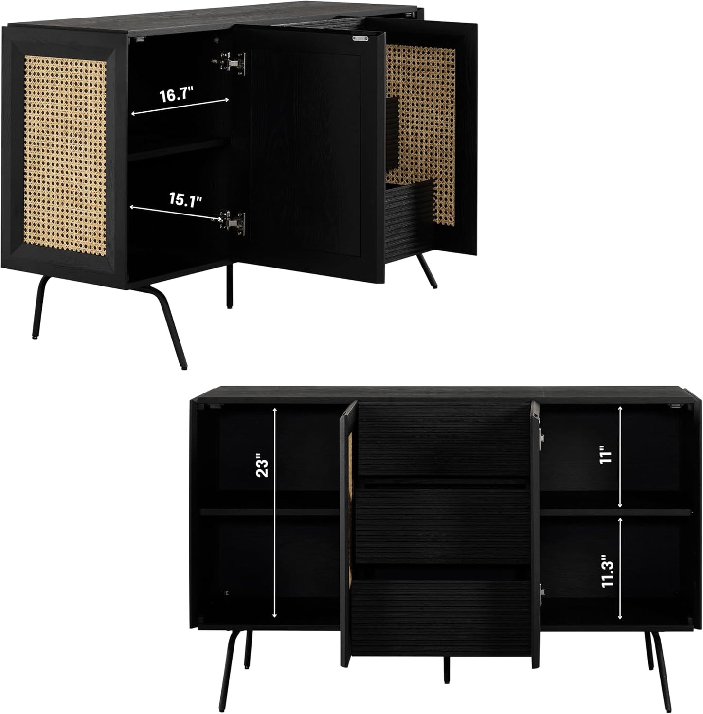 NTC MOSSIC Sideboard with 2 Doors and 3 Drawers, Buffet Cabinet with Natural Rattan and Metal Legs, Modern Storage Cabinet for Living Room, and Hallway, Effortless Assembly - Burnt Black