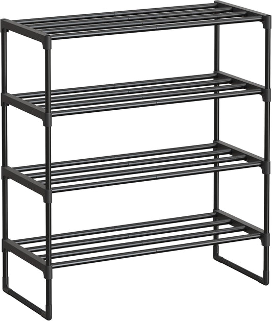 SONGMICS Shoe Rack, 4-Tier Shoe Organizer, Metal Storage Shelf, Upright or Upside Down, for 10-15 Pairs, Stackable, for Entryway, 11.8 x 26.8 x 29.5 Inches, Black ULSA204B01