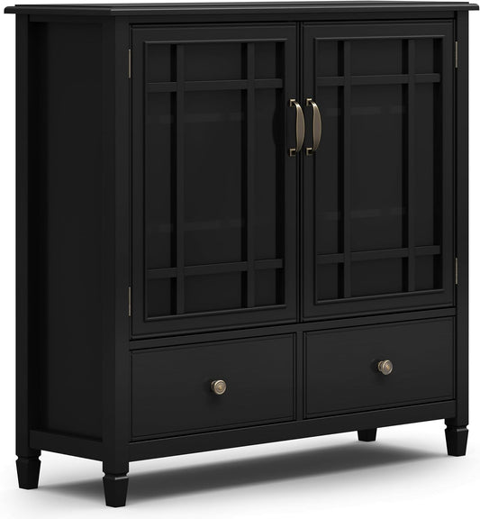 SIMPLIHOME Connaught SOLID WOOD 46 inch Wide Traditional Tall Storage Cabinet in Black for the Living Room, Entryway and Family Room