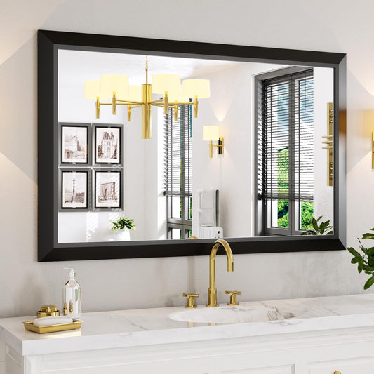 Amorho Black Bathroom Mirror, 48x30 Inch Thick Metal Framed Wall Mirrors for Over 2 Sinks, Bedroom, Living Room, Entryway, Large Rectangle Wall-Mounted Mirrors.