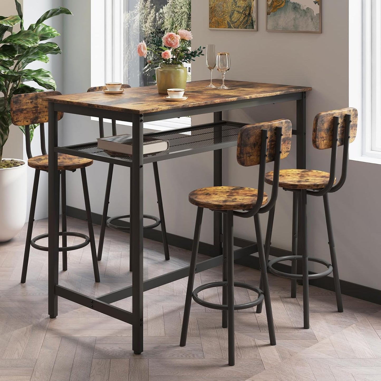 5-Piece Bar Table and Chairs Set, 43.3'' Pub Table Set Modern Small Table and Chairs Set of 4 for Breakfast Nook Living Room Small Space Restaurant, Brown