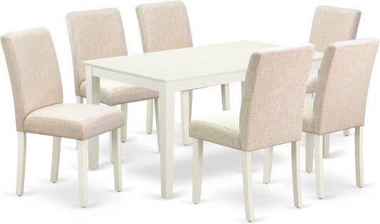 East West Furniture CAAB7-LWH-02 7 Piece Dining Room Furniture Set Consist of a Rectangle Dining Table and 6 Light Beige Linen Fabric Upholstered Parson Chairs, 36x60 Inch, Linen White