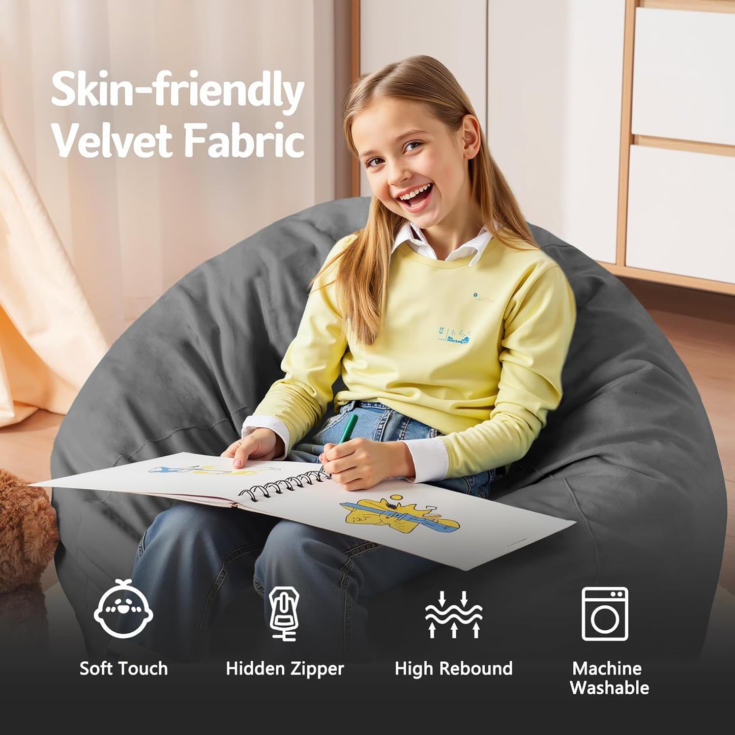 Homguava 2FT Bean Bag Chair: 2' Bean Bags with Memory Foam Filled,Comfy Beanbag Chairs Round Bean Bag Sofa with Dutch Velvet Cover-Grey