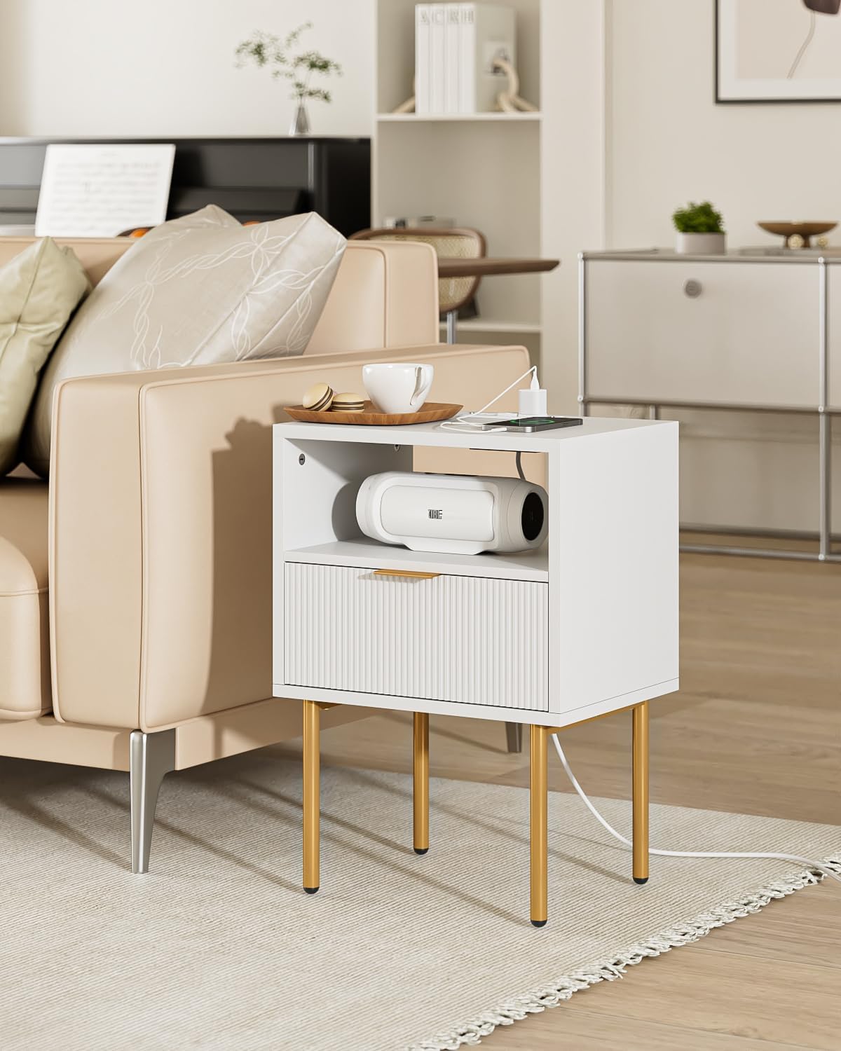 Nightstand with Charging Station,Morden Bedside Table with Gold Frame,Small White Night Stand,End Table,Bedside Furniture,Side Table with Drawer and Shelf for Bedroom,Living Room