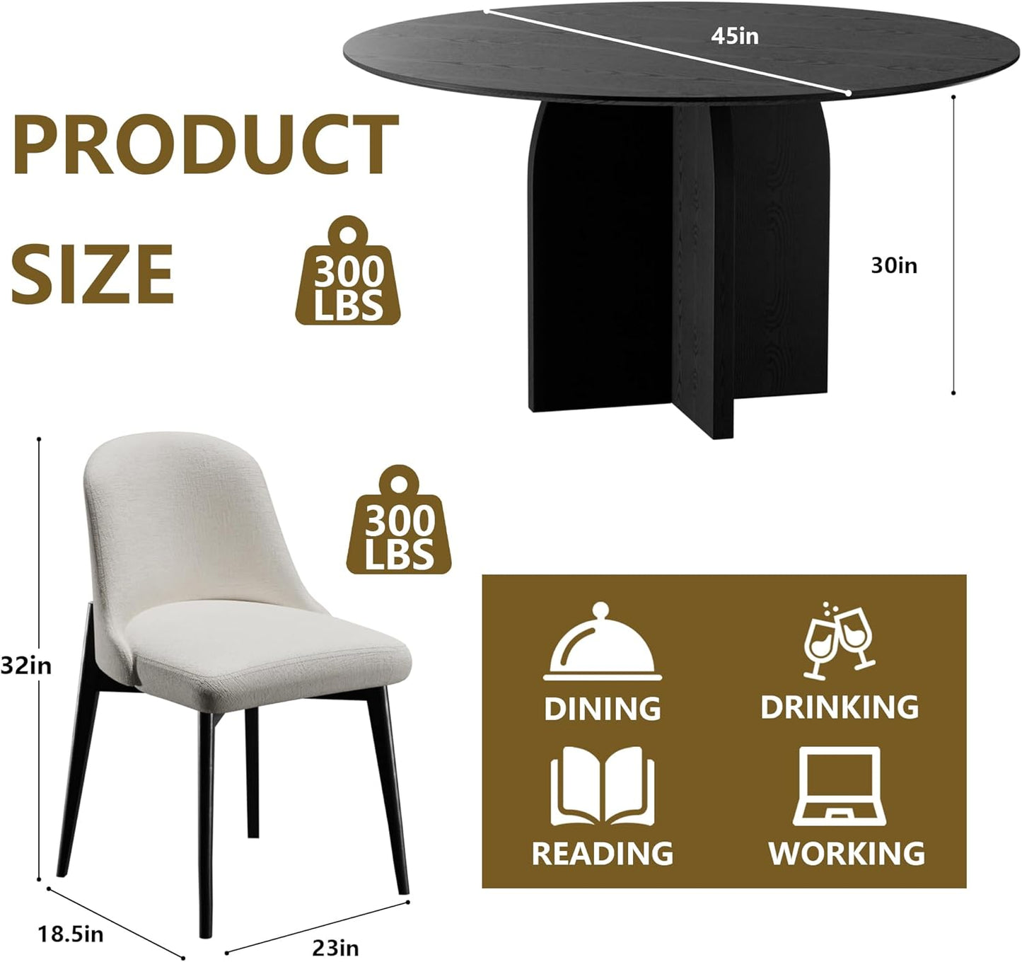 Casaphoria Kitchen Table Set with 2 Chairs, 45" Round Dining Kitchen Table & Chairs Set for 4-6, Wood Modern Dining Table for Living Room, Easy Assembly, Black