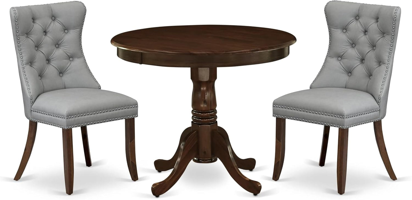 East West Furniture ANDA3-AWA-27 3 Piece Dining Room Table Set Consists of a Round Kitchen Table with Pedestal and 2 Polyester Fabric Parson Chairs, 36x36 Inch, Antique Walnut