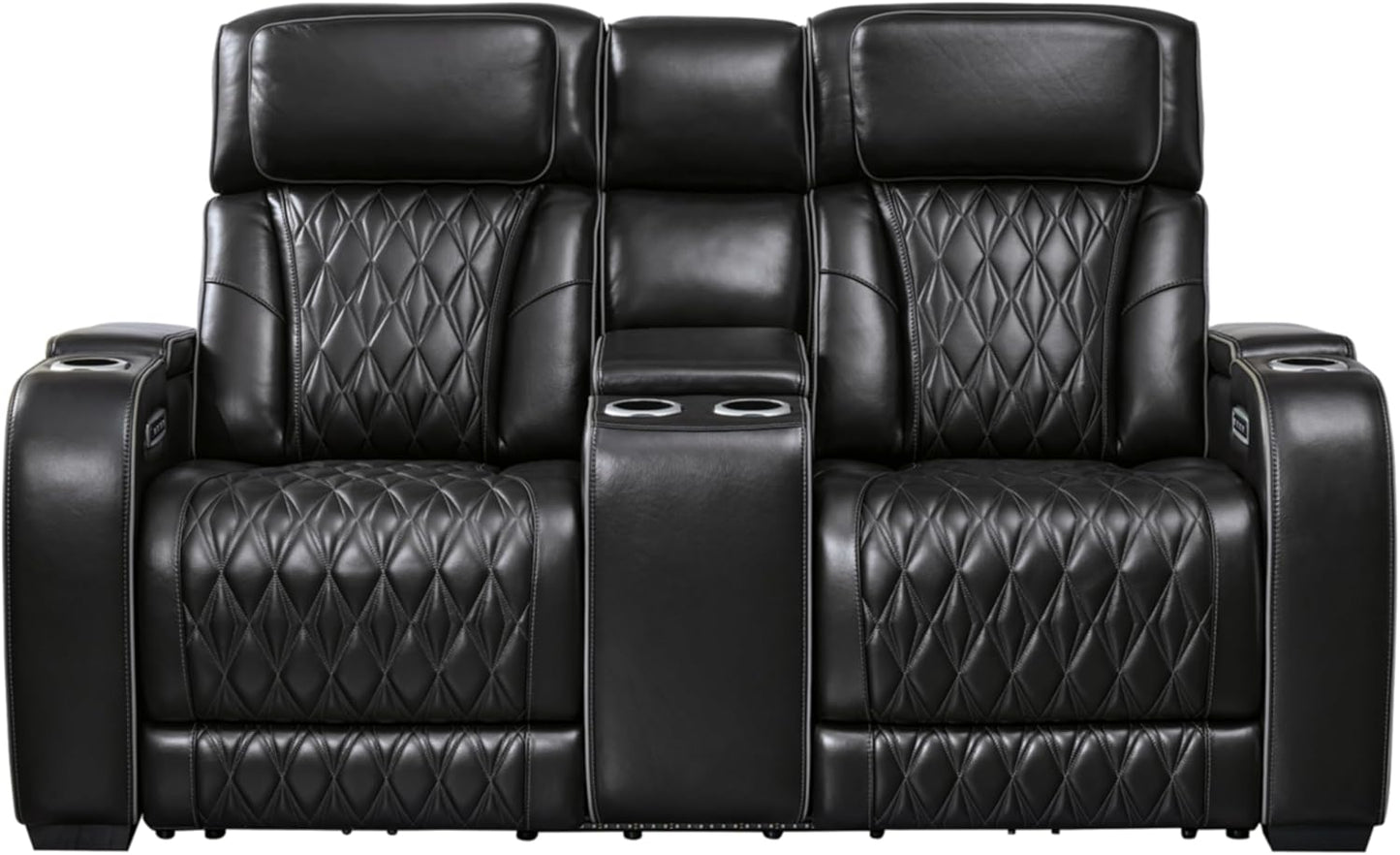 Signature Design by Ashley Boyington Modern Leather Match Power Reclining Loveseat with Console, Adjustable Headrest, Massage, Heated Seat and LED Lights, Black