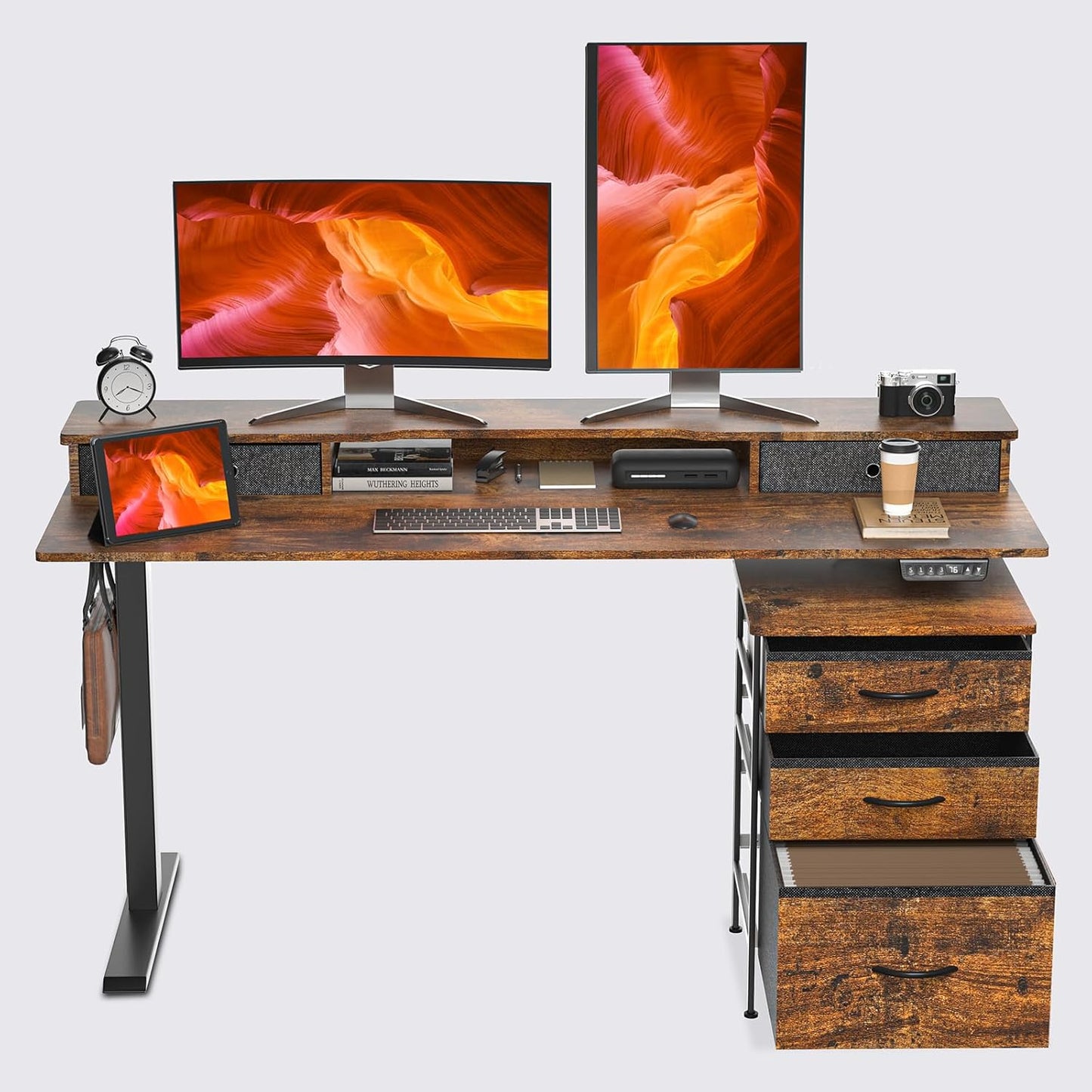 63 Inch Electric Standing Desk with Cabinet & Drawers, Height Adjustable Sit Stand Desk with Monitor Shelf, Smart Home Office Standing Computer Desk, Rustic Brown