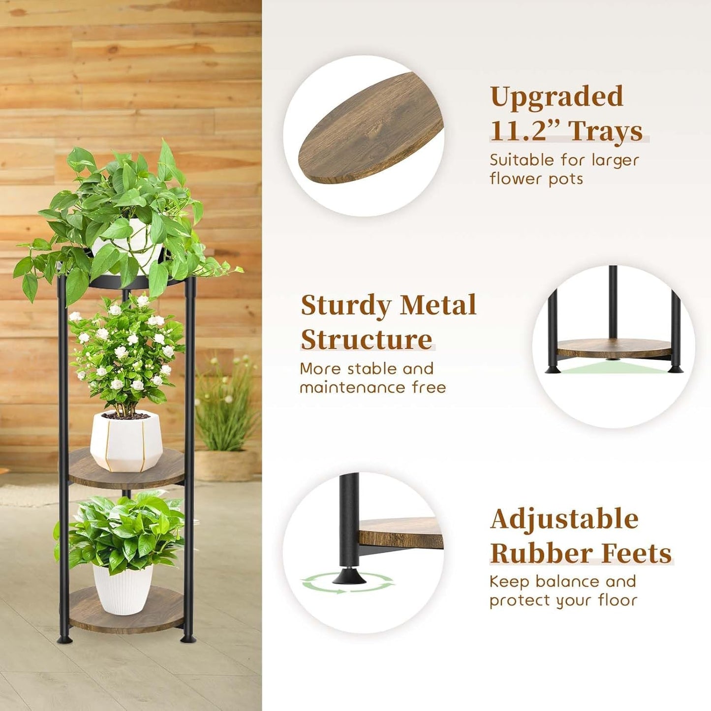KMOTASUO 3 Tier Black Plant Stand Indoor for Large Tall Heavy Duty Planter, Multiple Sturdy Metal Flower Corner Rack for Narrow House Floor, Iron Vertical Level Round Orchi Holder Organizer, Modern