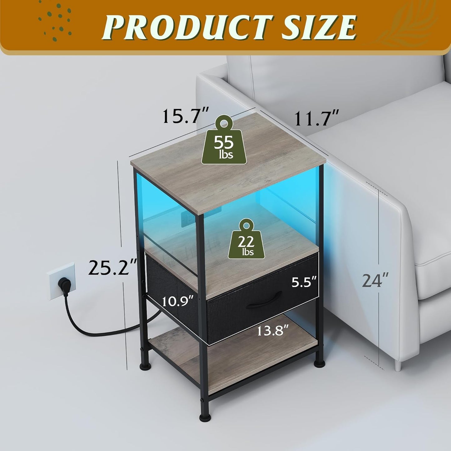 WLIVE LED Nightstand, Night Stand with Charger Station, Bedside Table with Fabric Drawer and Adjustable Open Shelves, Small End Side Tables for Bedroom, Grey