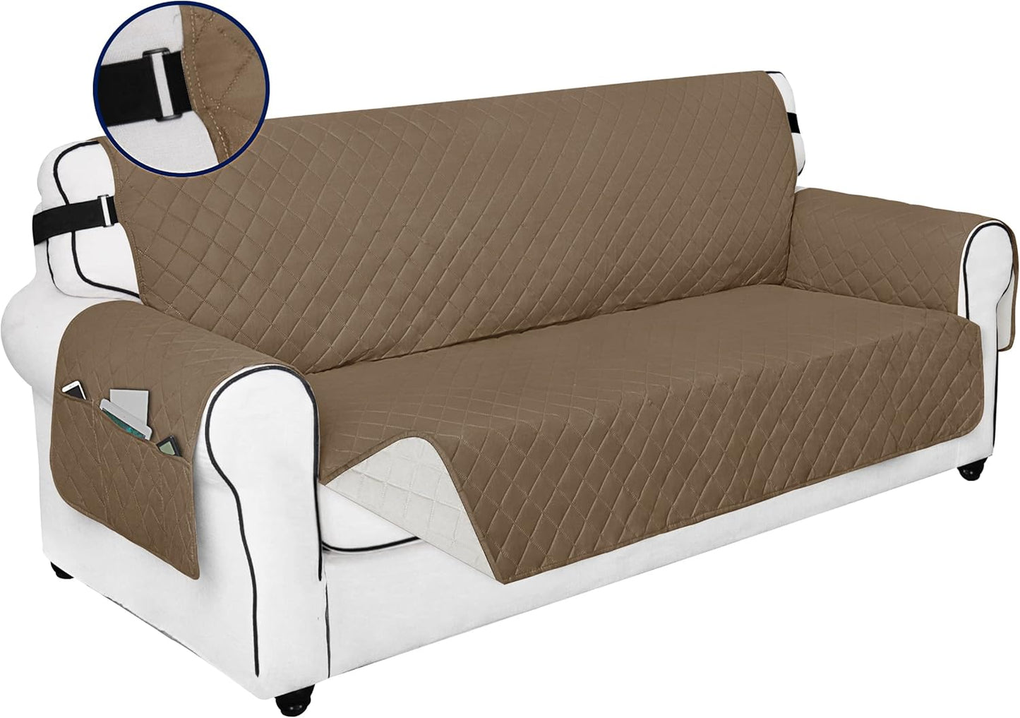 PureFit Reversible Sofa Couch Cover Water Resistant Couch Covers for 3 Cushion, Washable Furniture Cover with Non-Slip Foam and Adjustable Strap for Dogs, Pets (Sofa, Camel/Ivory)