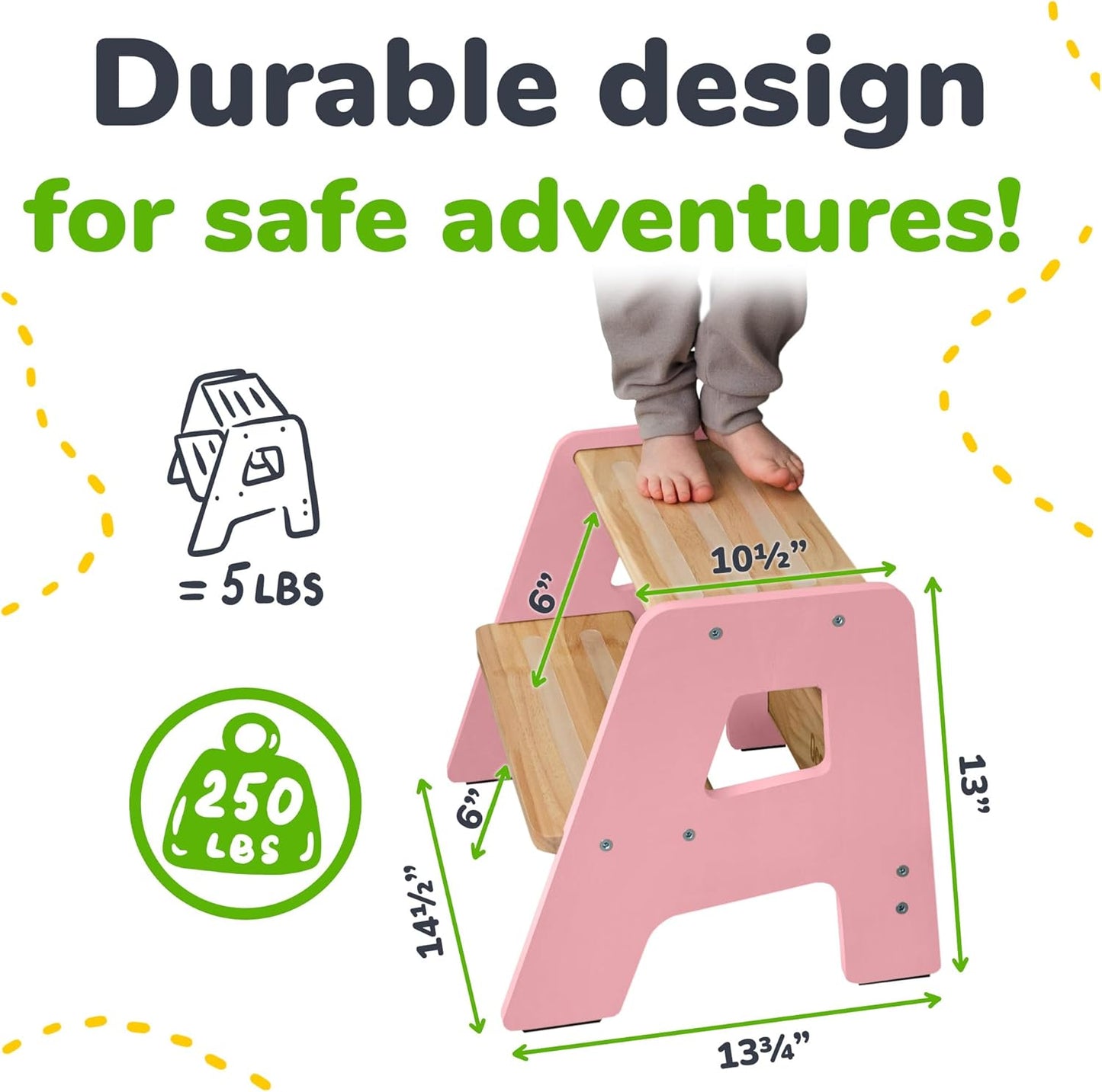 2-Step Wooden Step Stool for Toddlers | Kids Stool for Bathroom Sink & Kitchen Use | Non-Slip Step | Wooden Stool for Children Ages 2+ Years Pink