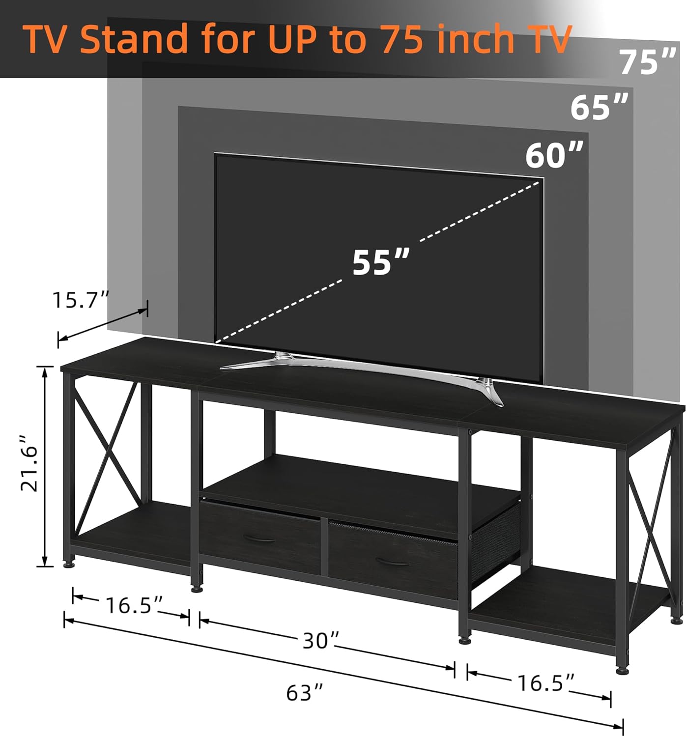 TV Stand with Fabric Drawers for 65 70 75 Inches TV - Entertainment Center and Industrial TV Console Table with Open Storage Shelves for Living Room, Bedroom - 63.5" Black
