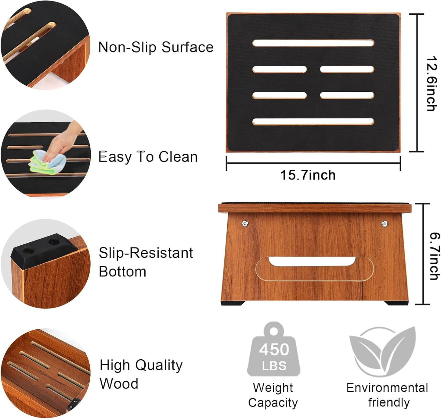 Wooden Step Stool with Non-Slip Rubber Feet Step, Heavy Duty Platform Stepping Stools with 450 LBS Capacity for Bedroom Kitchen Bathroom, Bed Steps for High Beds, Bedside Support