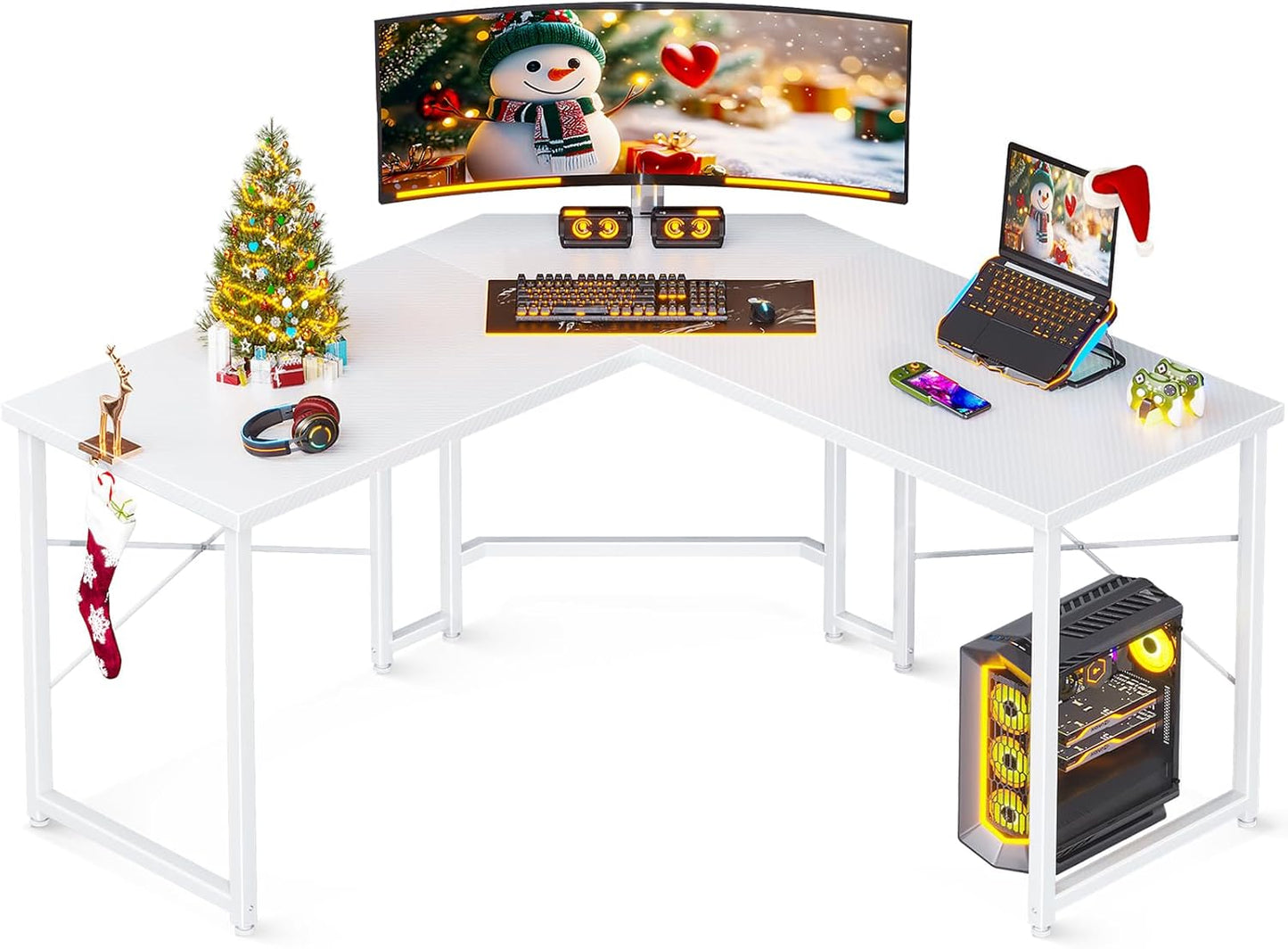 Casaottima L Shaped Gaming Desk, Corner Desk Gaming Table for Home Office, Computer Desk Sturdy Writing Workstation for Small Space, Easy to Assemble, 51 inch, Carbon Fiber Surface, White