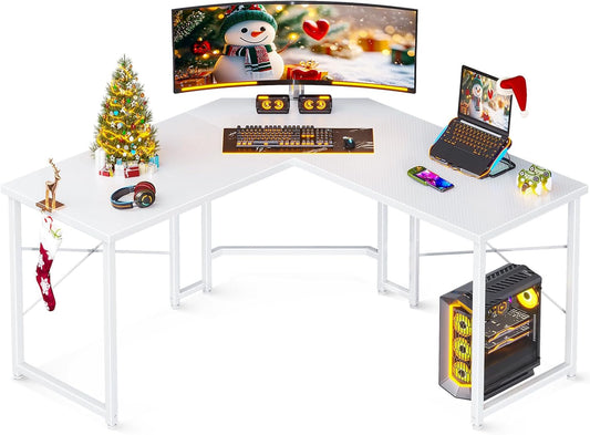 Casaottima L Shaped Gaming Desk, Corner Desk Gaming Table for Home Office, Computer Desk Sturdy Writing Workstation for Small Space, Easy to Assemble, 51 inch, Carbon Fiber Surface, White