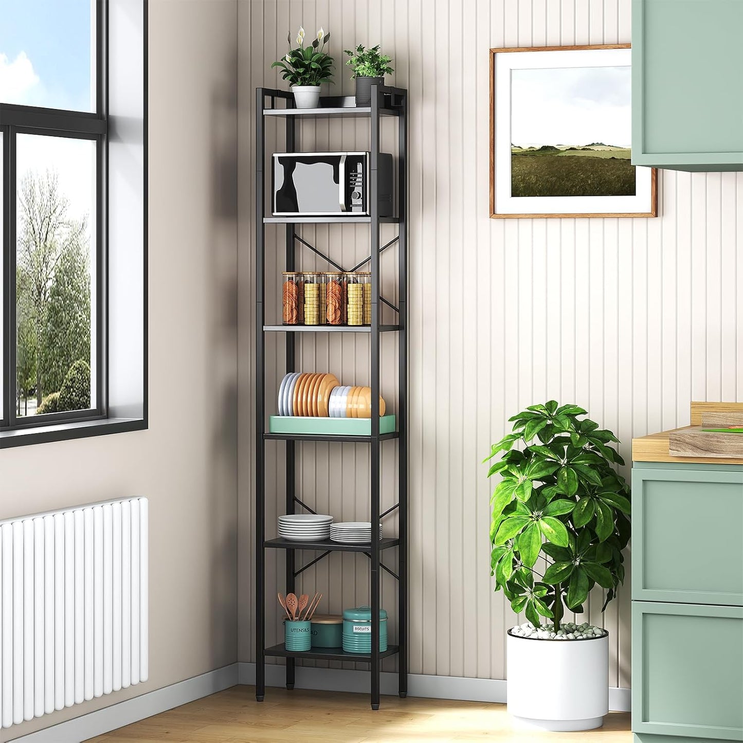 5 Tier Bookshelf, Bookcase with 5 Shelves, Storage Rack Organizer, Corner Wood Storage Shelf with Metal Frame for Bedroom, Living Room (Black)