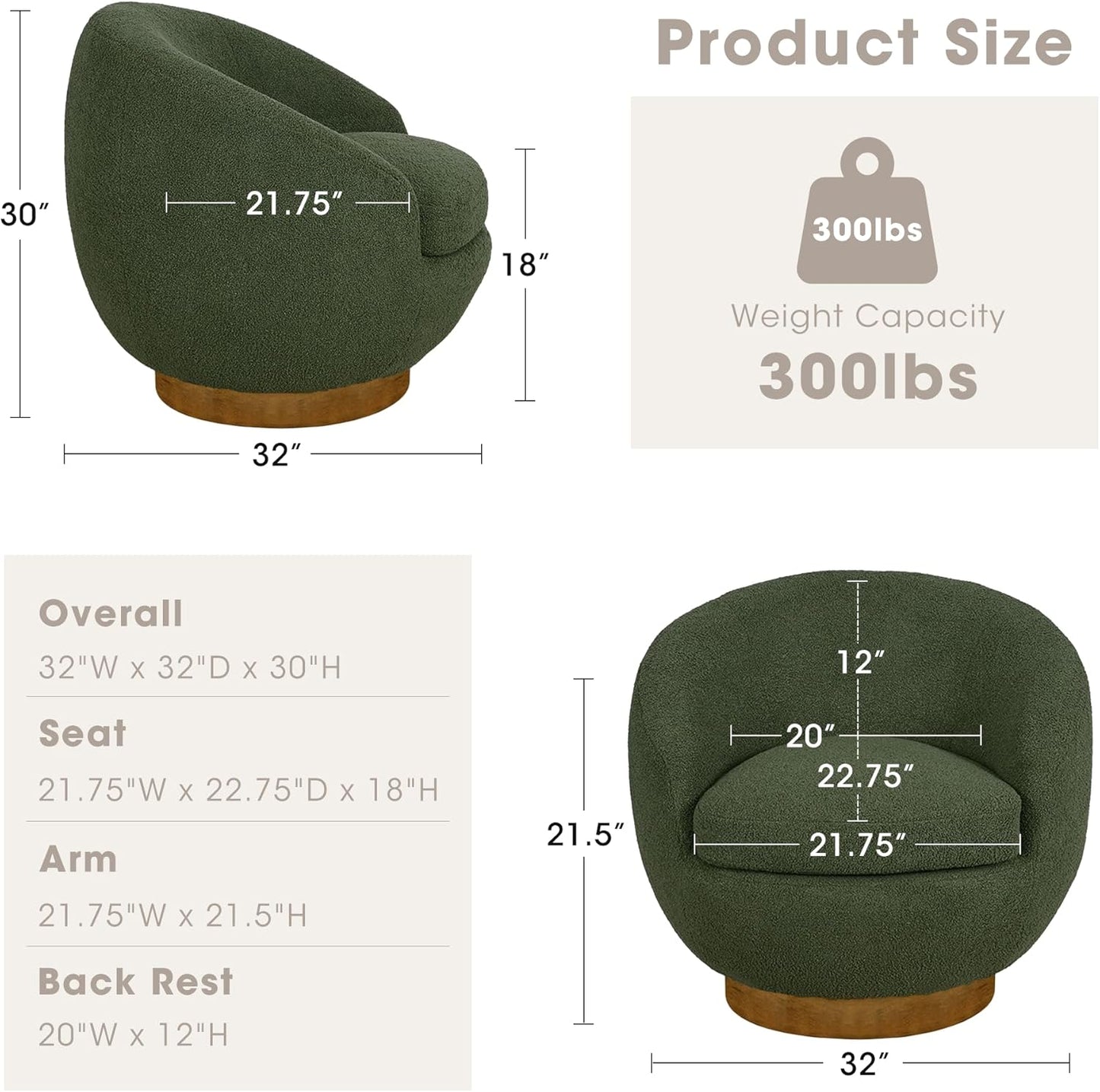 INK+IVY Jessel Swivel Accent Chair – Barrel Back Design, Sherpa Upholstery, 360-Degree Wood Base, Modern Lounge Seating for Living Room or Bedroom, 32" W, Green