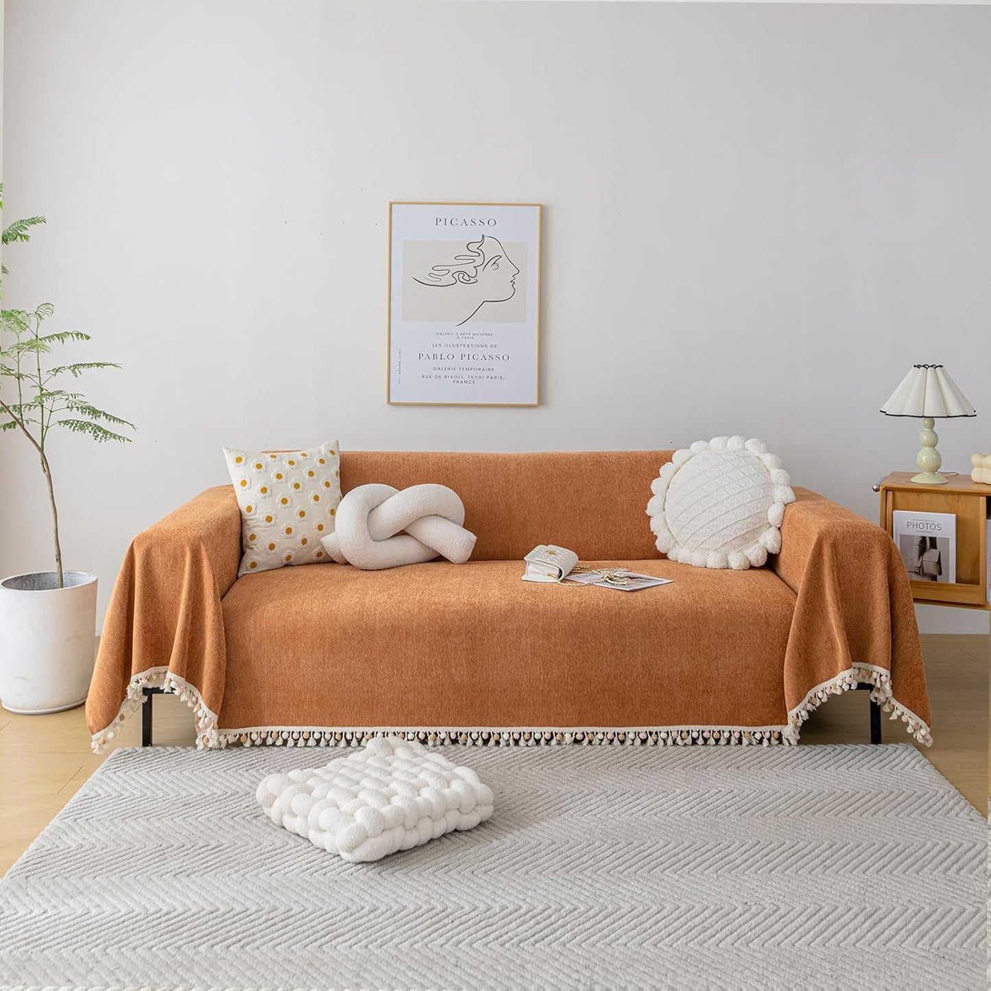 HANDONTIME Dark Orange Sofa Covers Couch Cover for Dogs Colorful Tassel Sofa Seat Cover Lovetseat Covers Pet Couch Cover Bohemian Sofa Cover for Couch Vintage Boho Couch Covers Futon Cover, 71" X134"